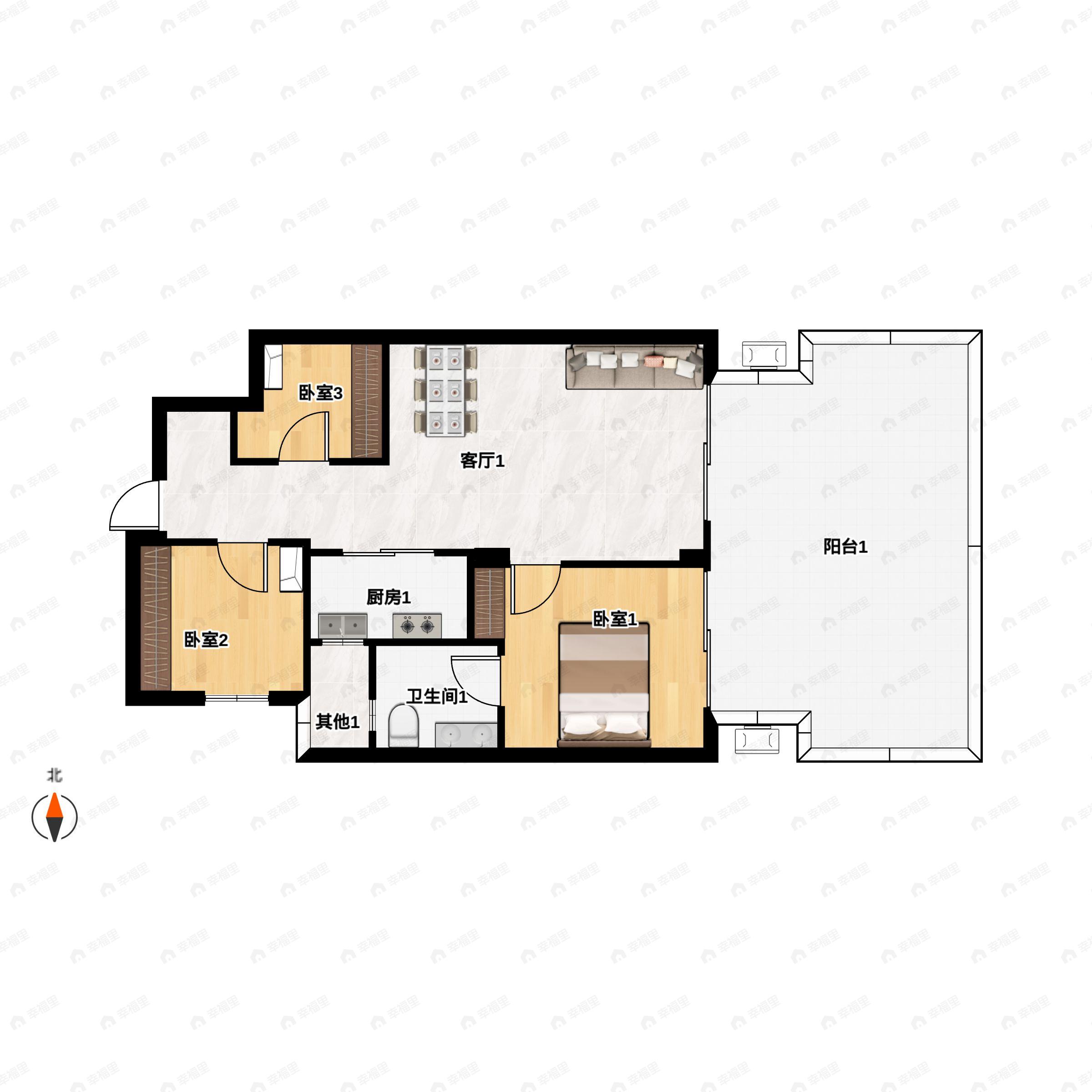 2室2厅2卫建面89平北|东|西|南户型图