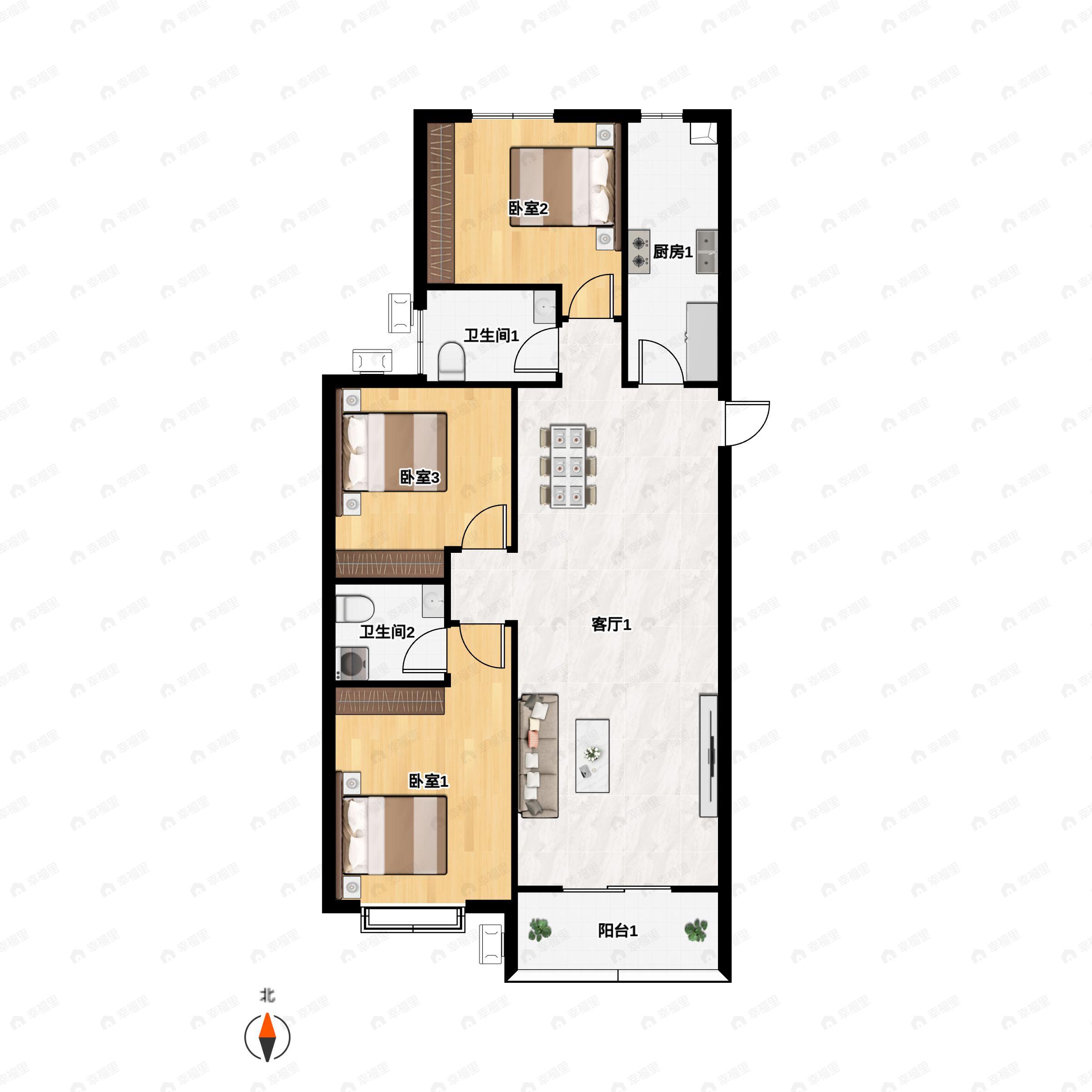 3室2厅1卫建面138平南户型图