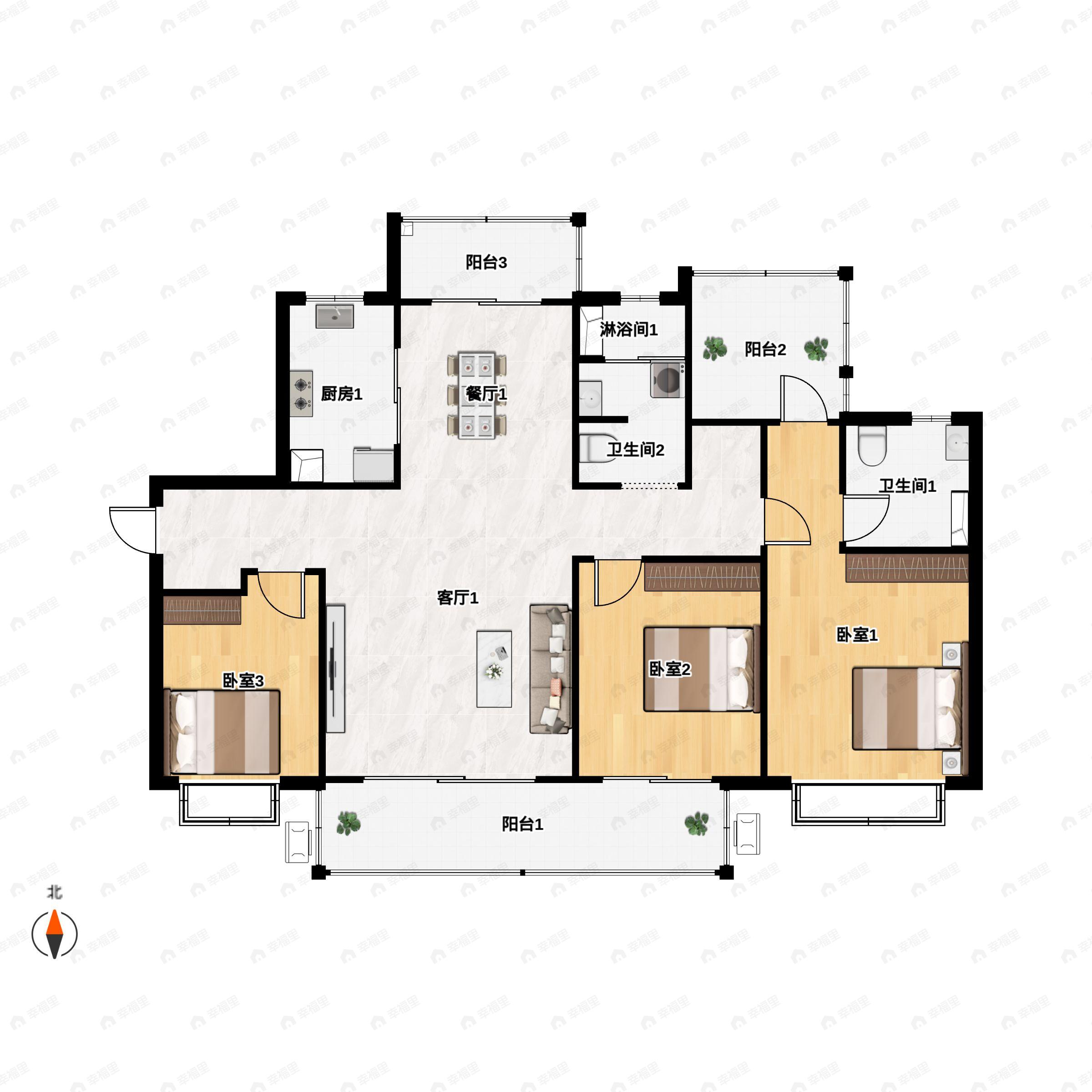 3室2厅2卫建面128平南户型图