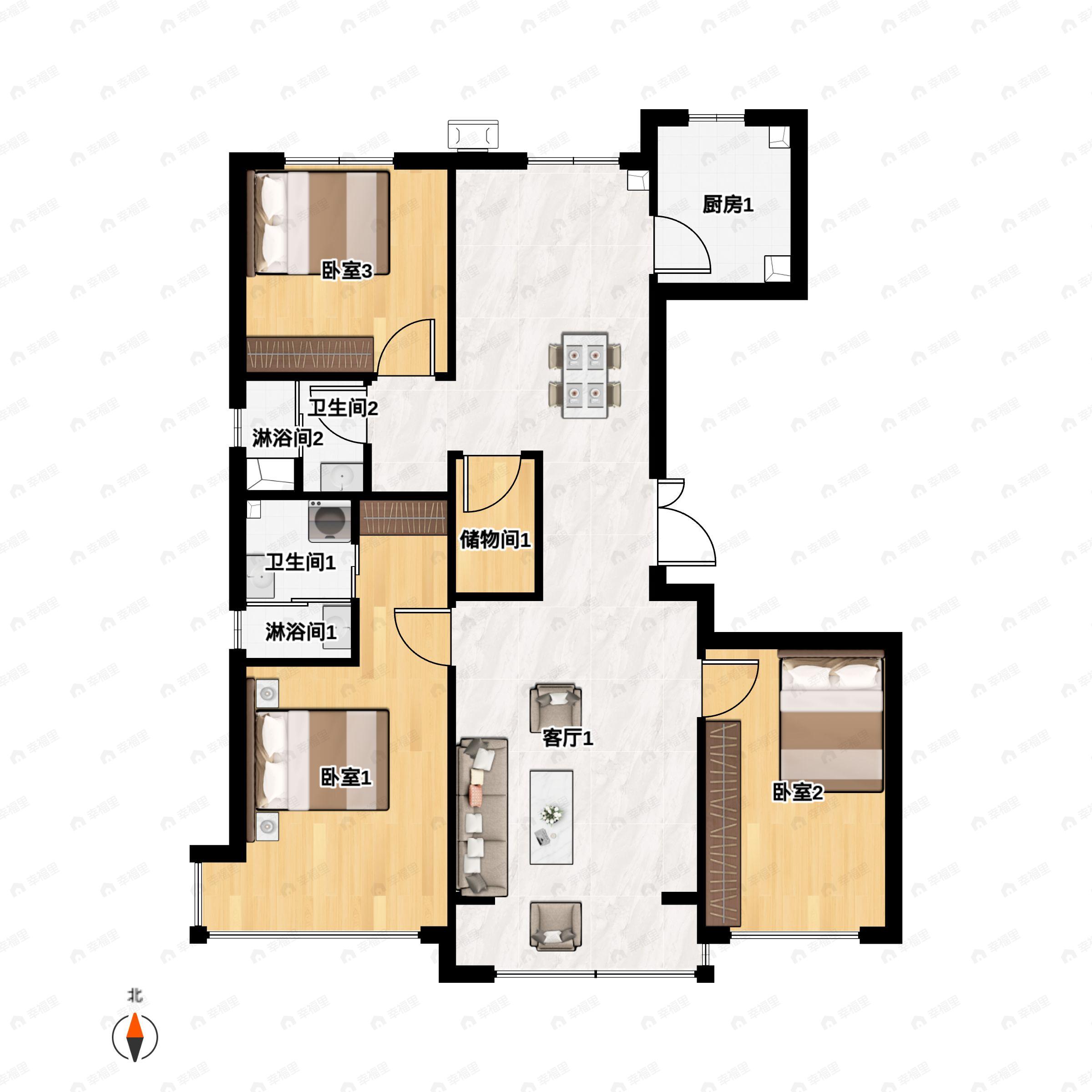 3室2厅2卫建面141m²南|北户型图