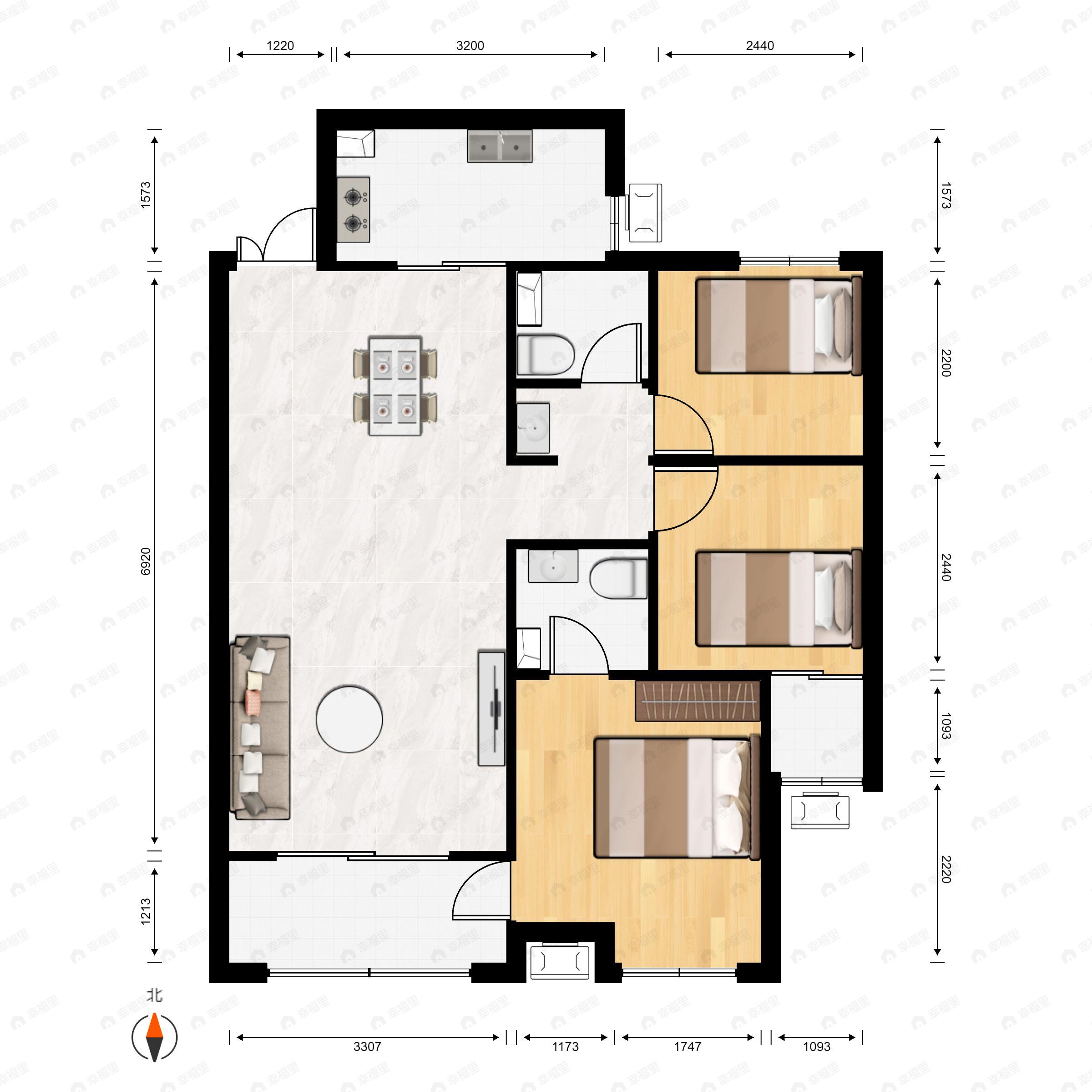 3室2厅2卫建面126平户型图