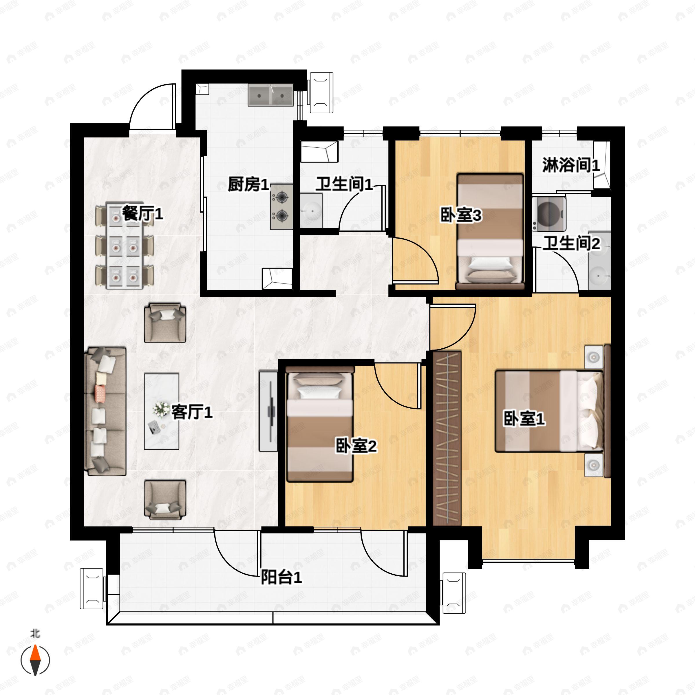 3室2厅2卫建面108平户型图