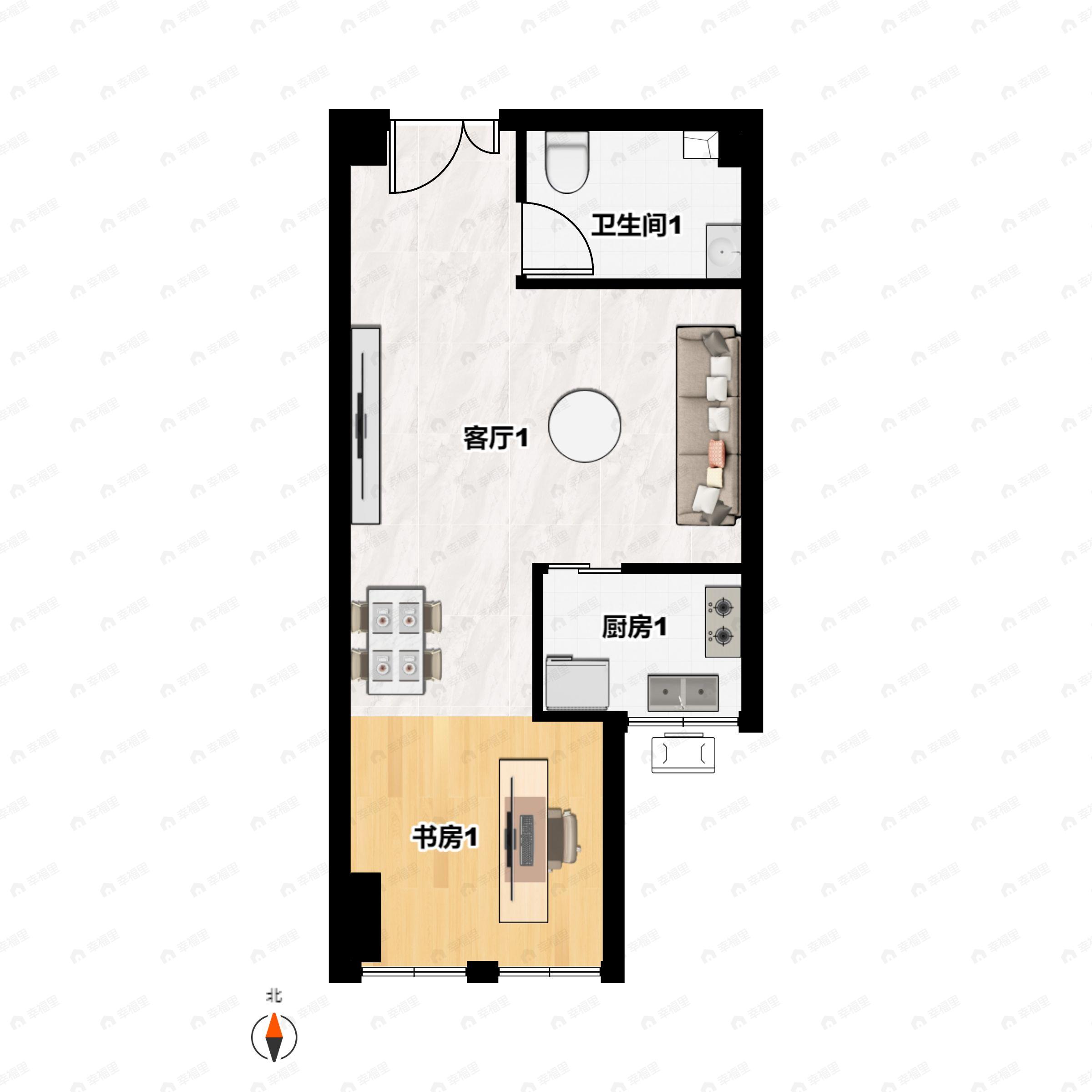 1室1厅1卫建面50平南户型图