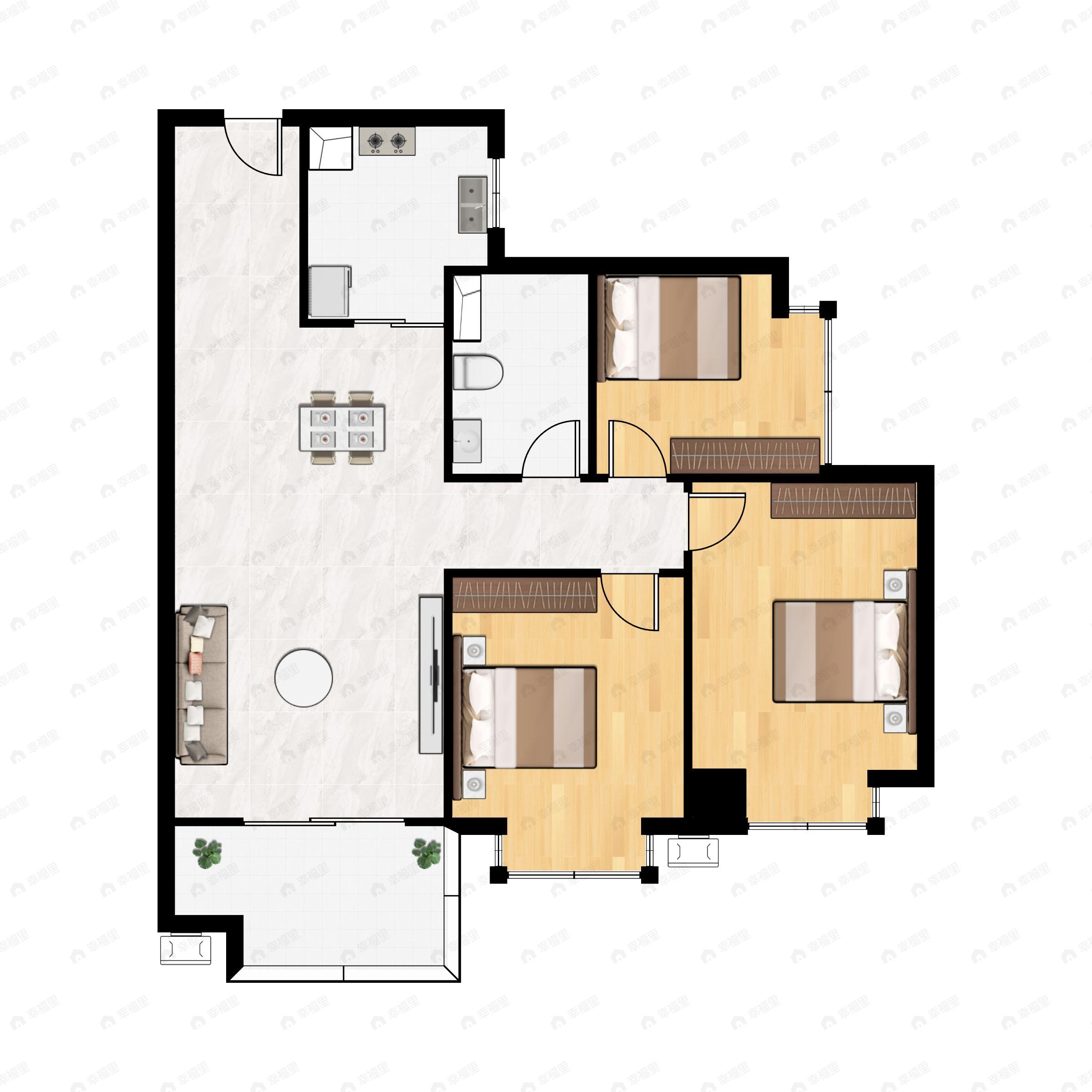 3室2厅1卫建面86m²南|北户型图