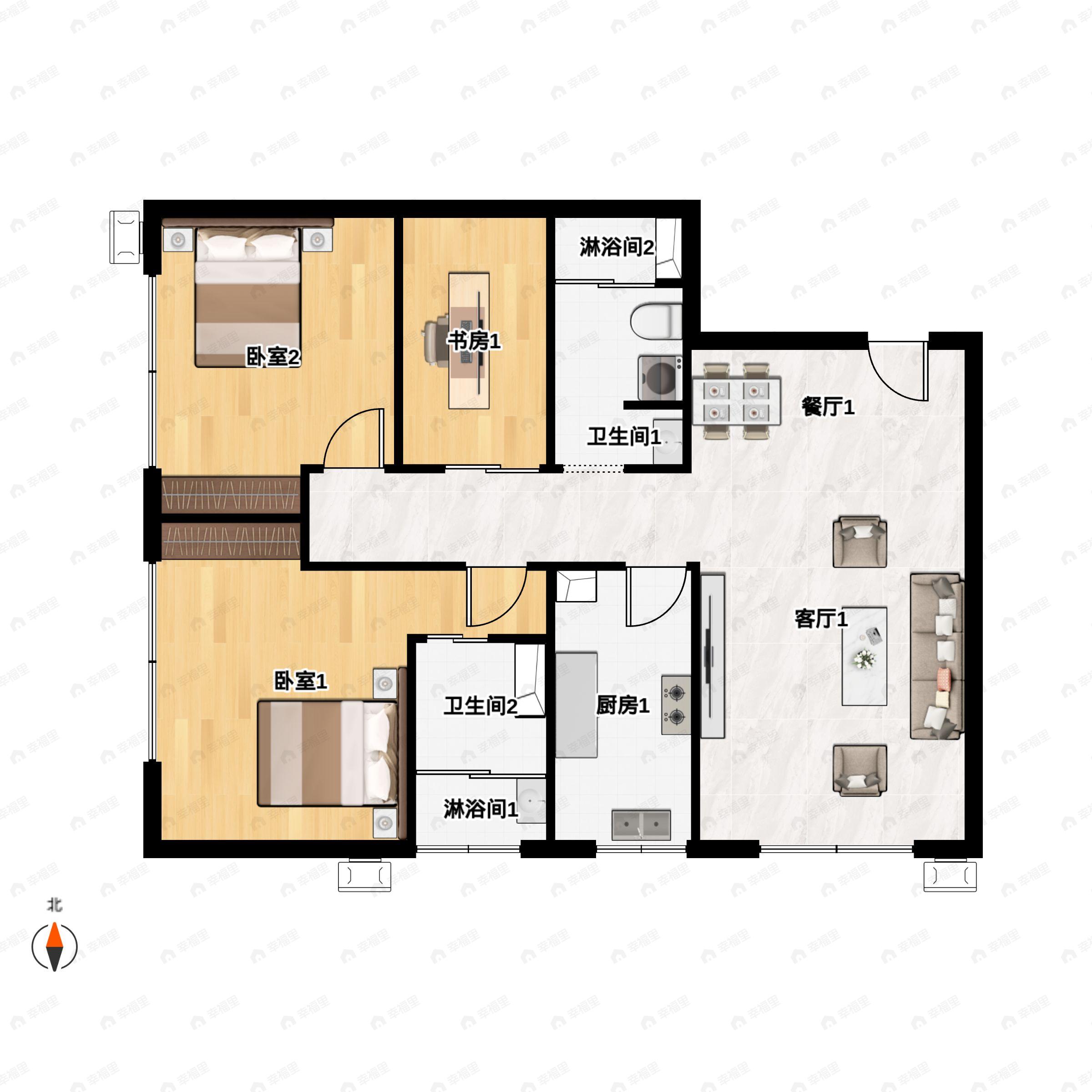 3室2厅2卫建面114平户型图