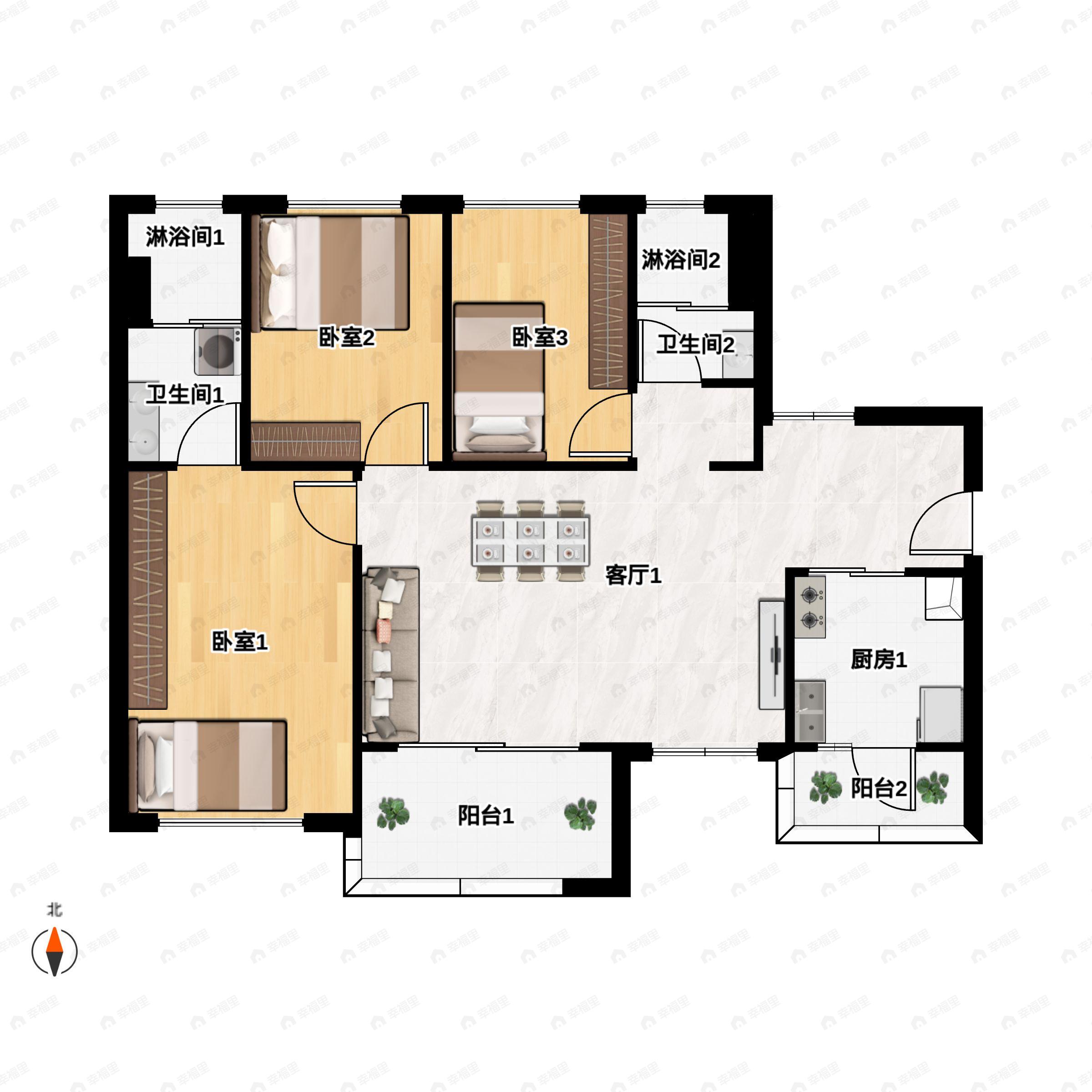 3室2厅2卫建面94平南户型图