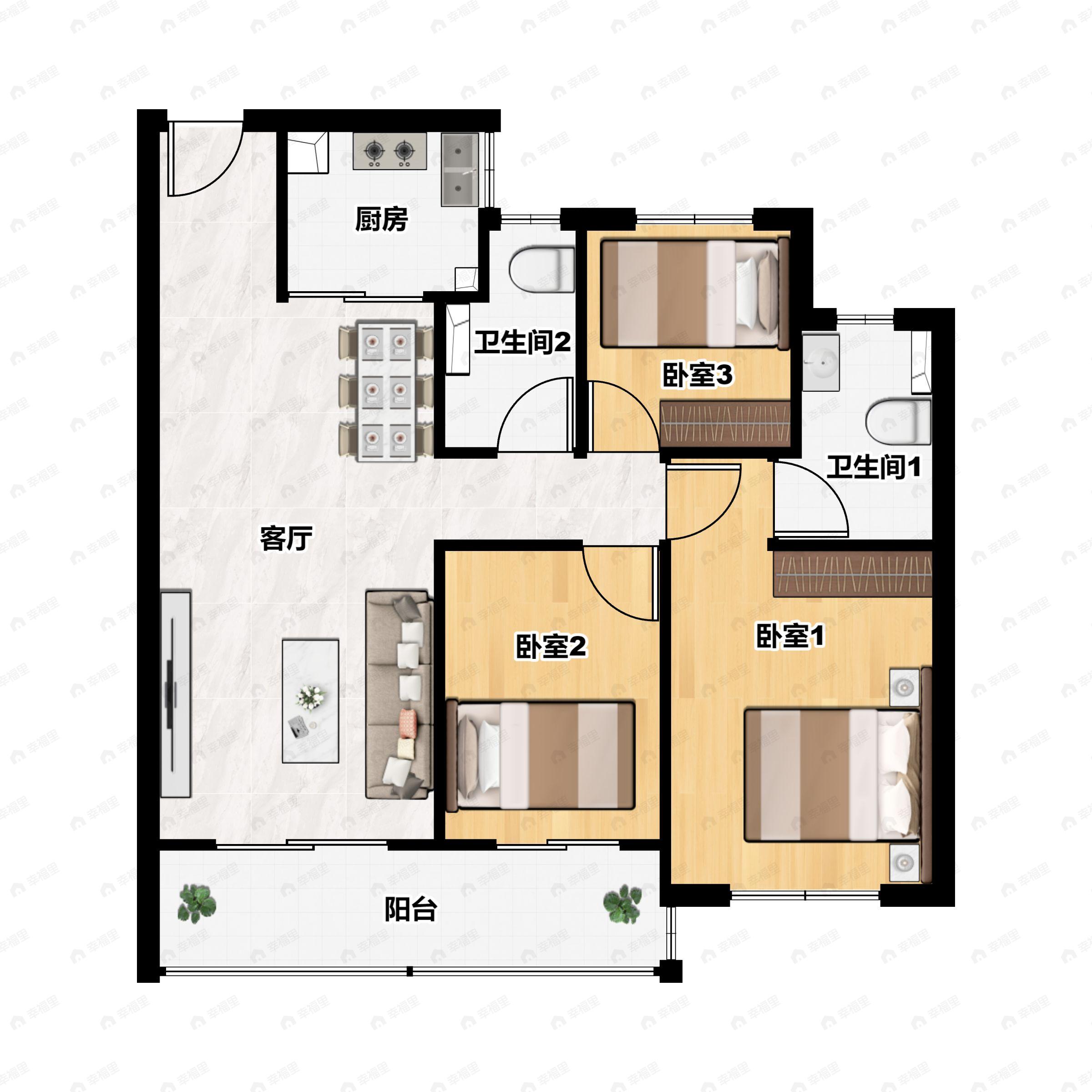 3室2厅2卫建面95平南|北户型图