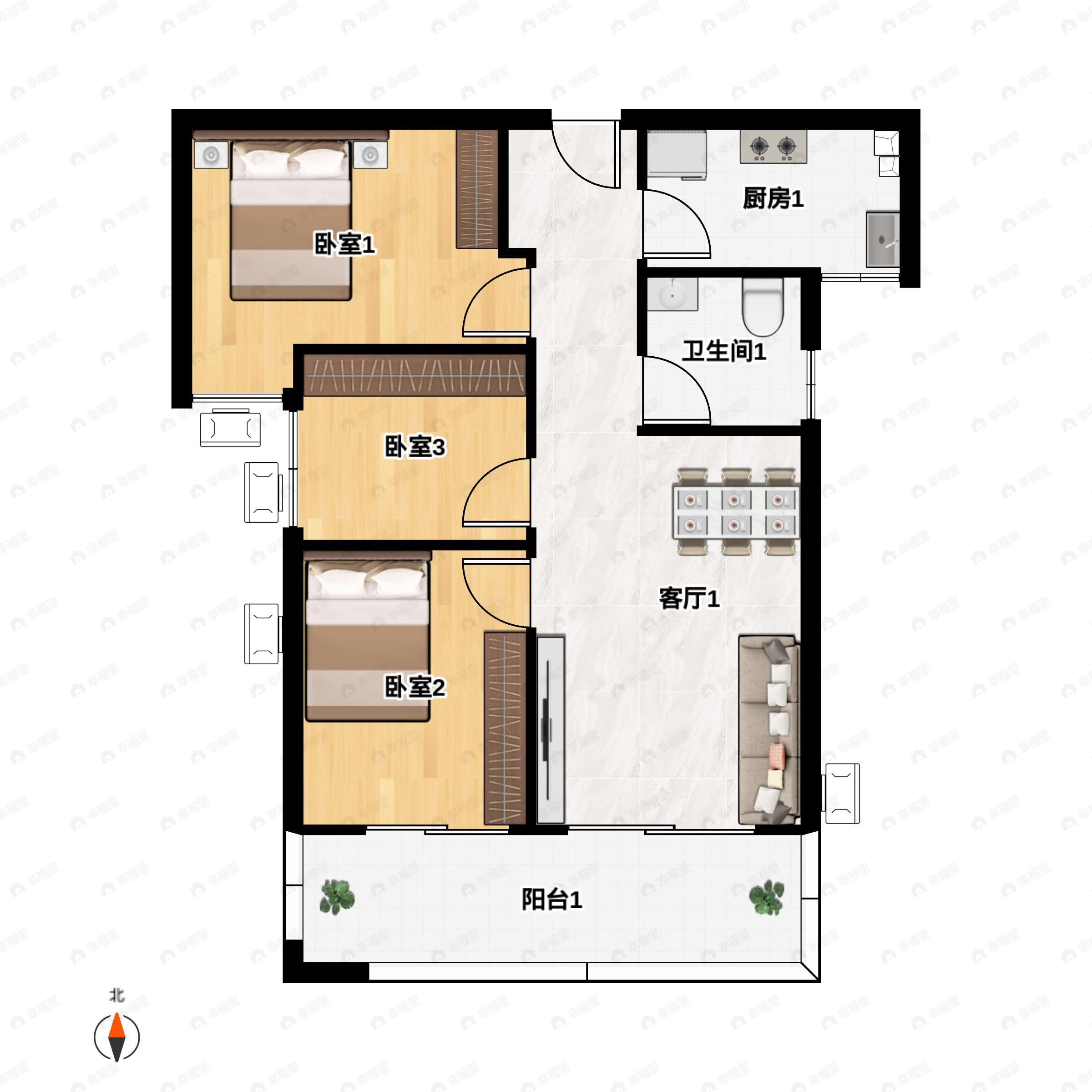 华清源中州学府3室2厅1卫户型图
