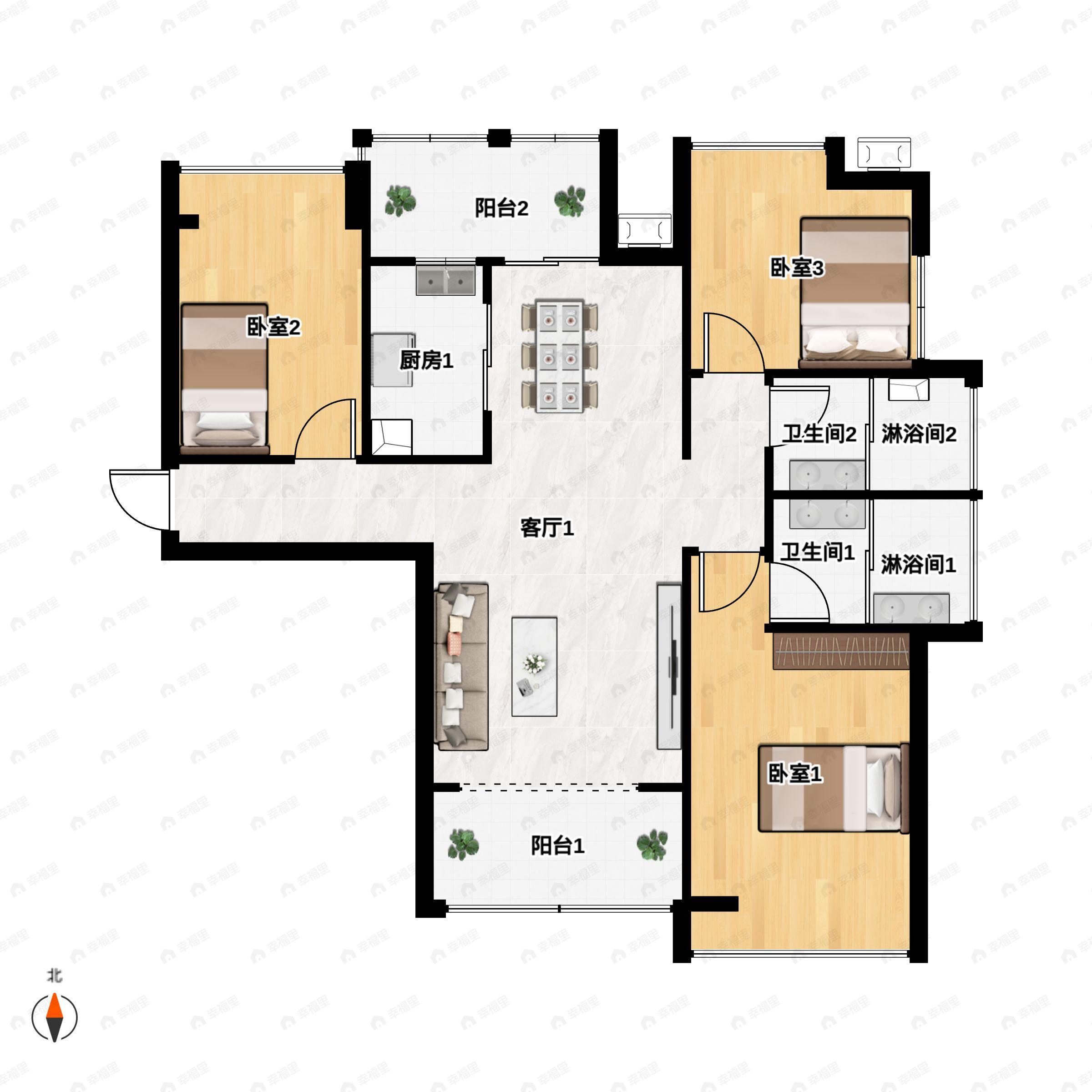 3室2厅2卫建面118平户型图