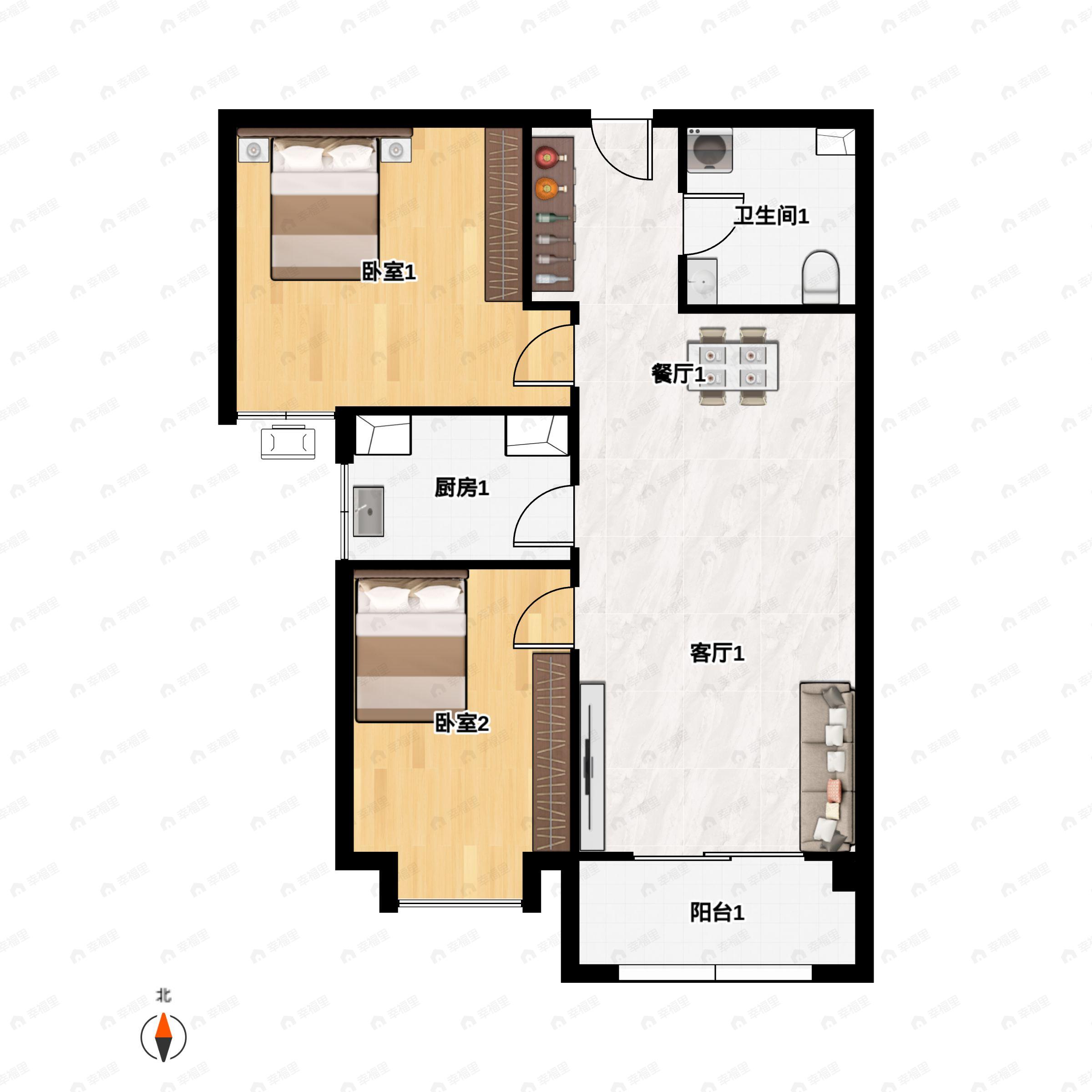 2室2厅1卫建面87平南户型图