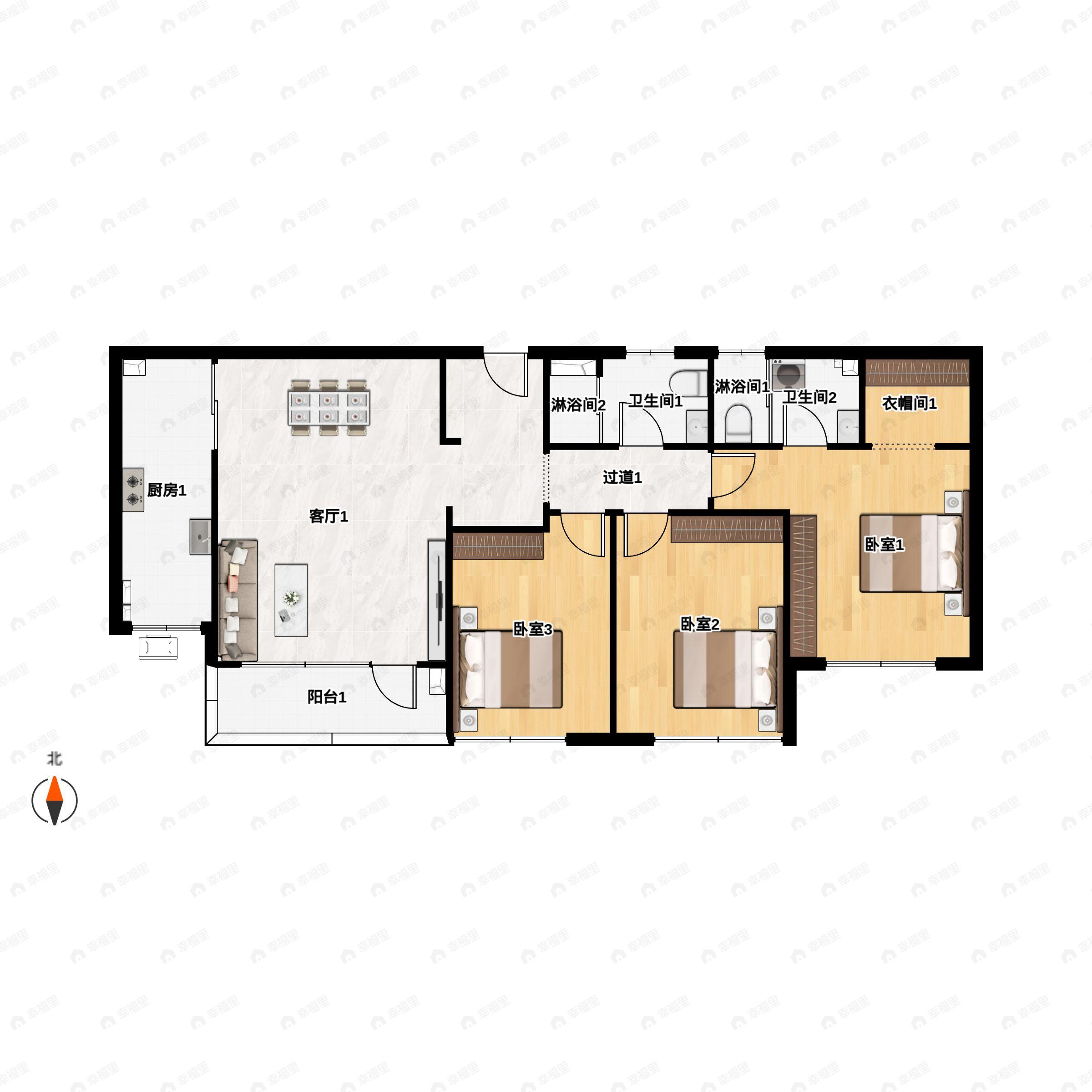 3室2厅2卫建面125平南户型图
