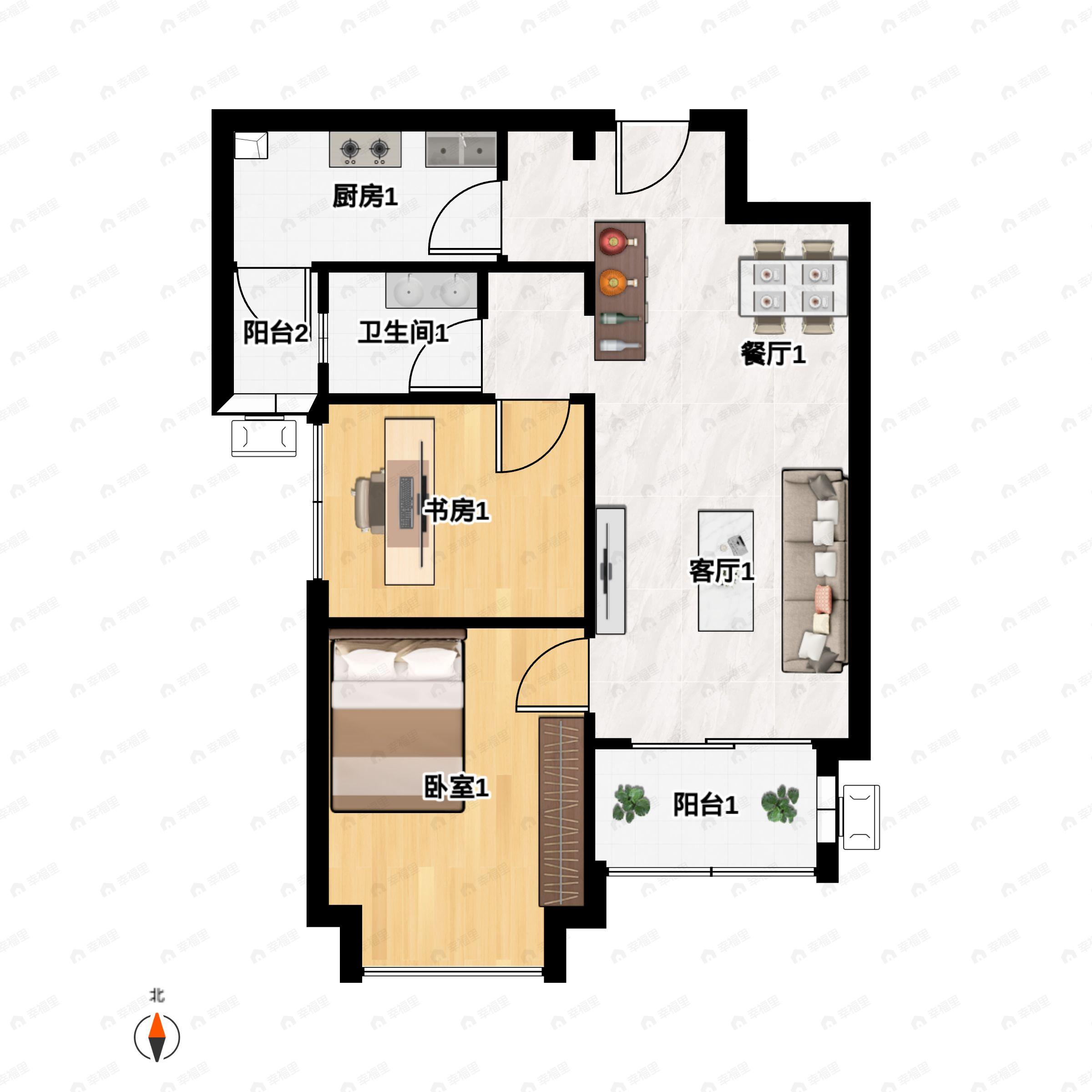2室2厅1卫建面67平西南户型图