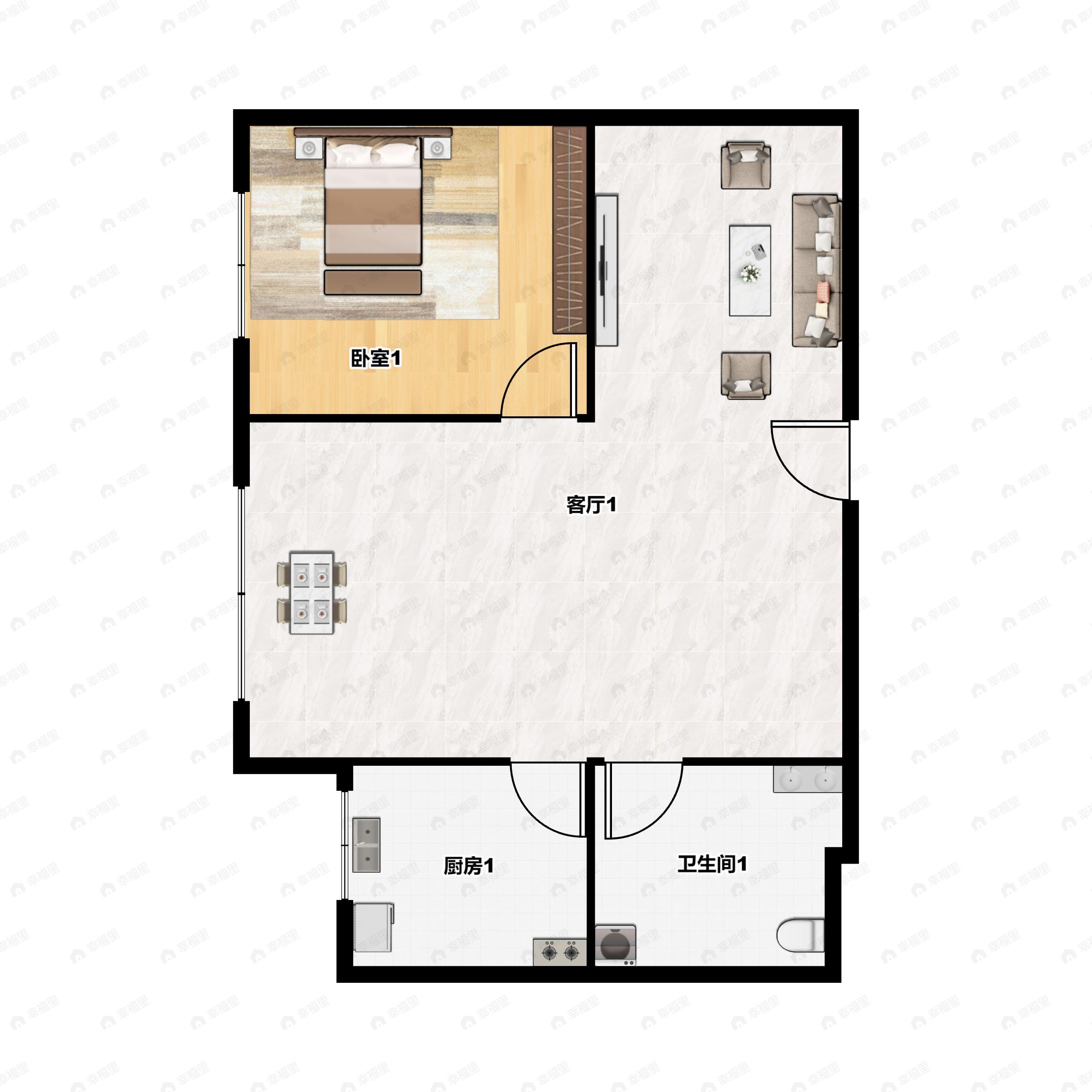 1室2厅1卫建面69m²西户型图