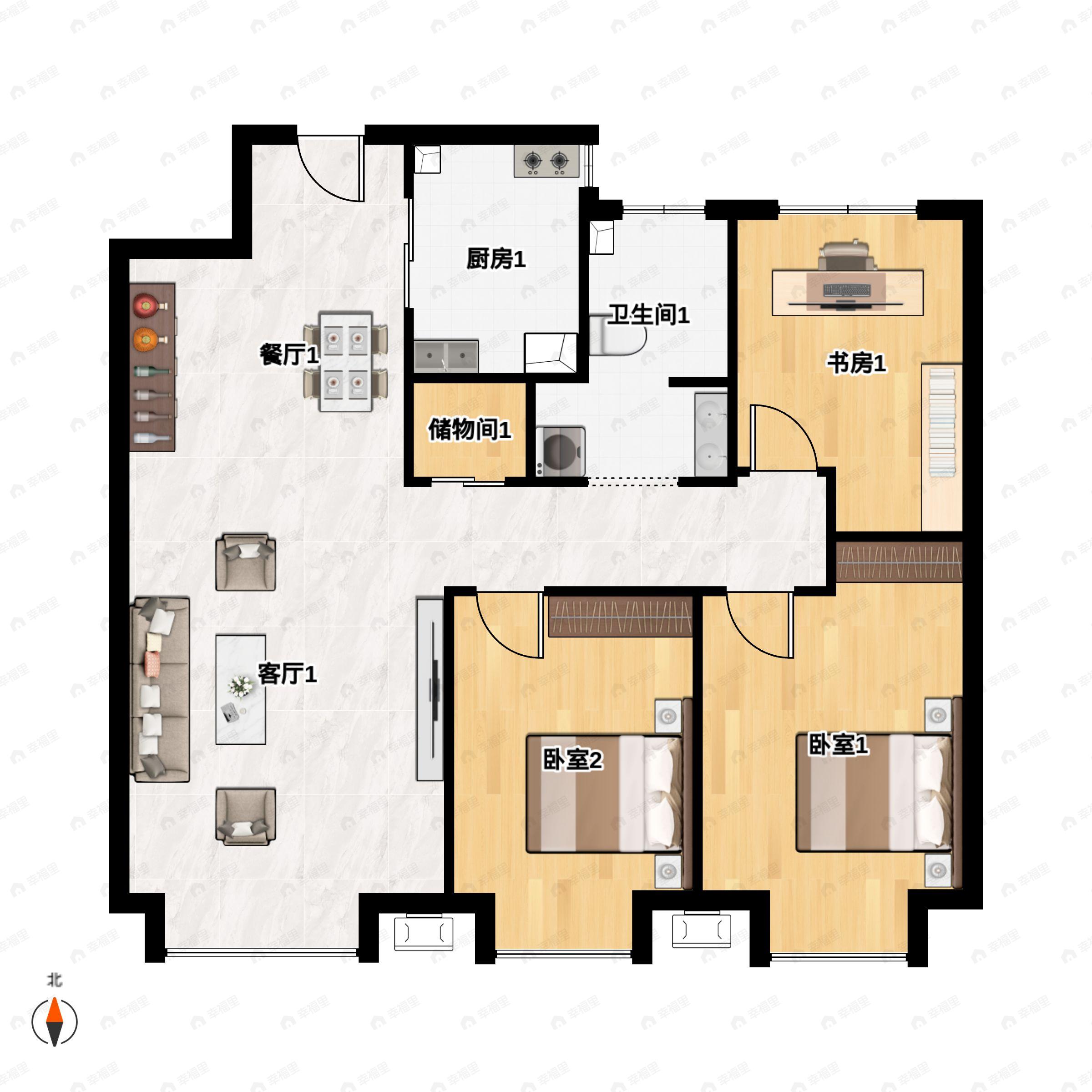 3室2厅1卫建面96平南|北户型图