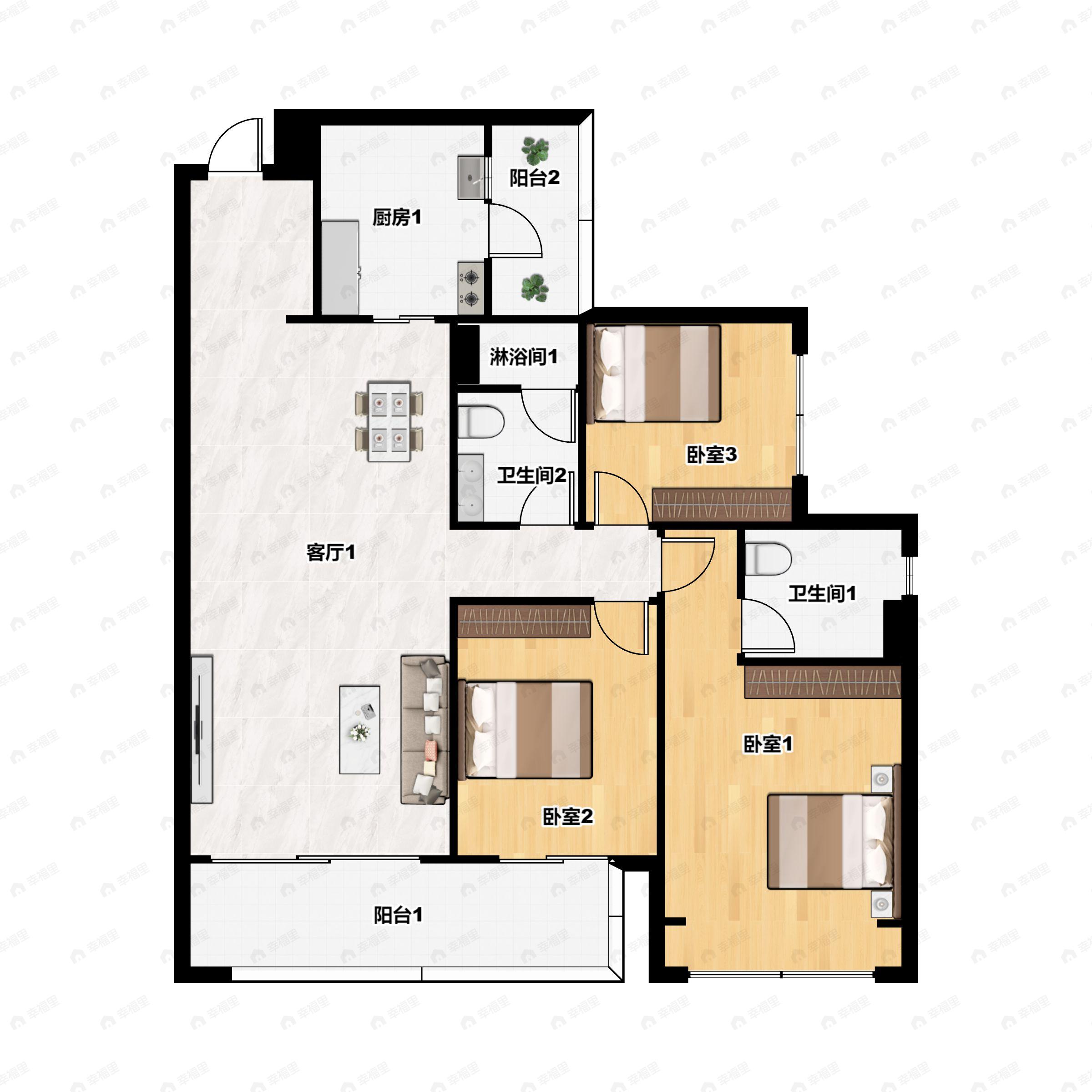 3室2厅2卫建面122m²南户型图