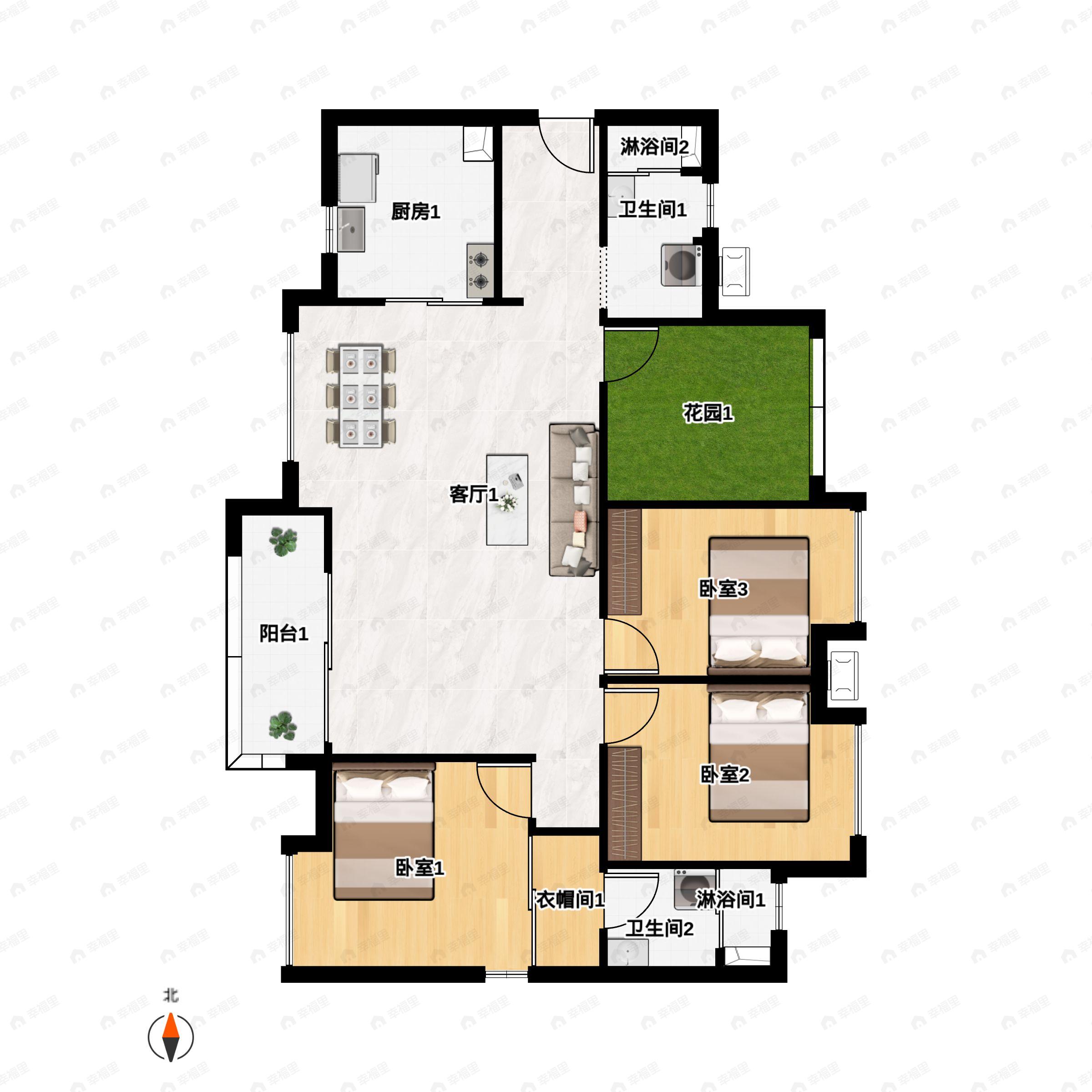 3室2厅2卫建面121平南户型图