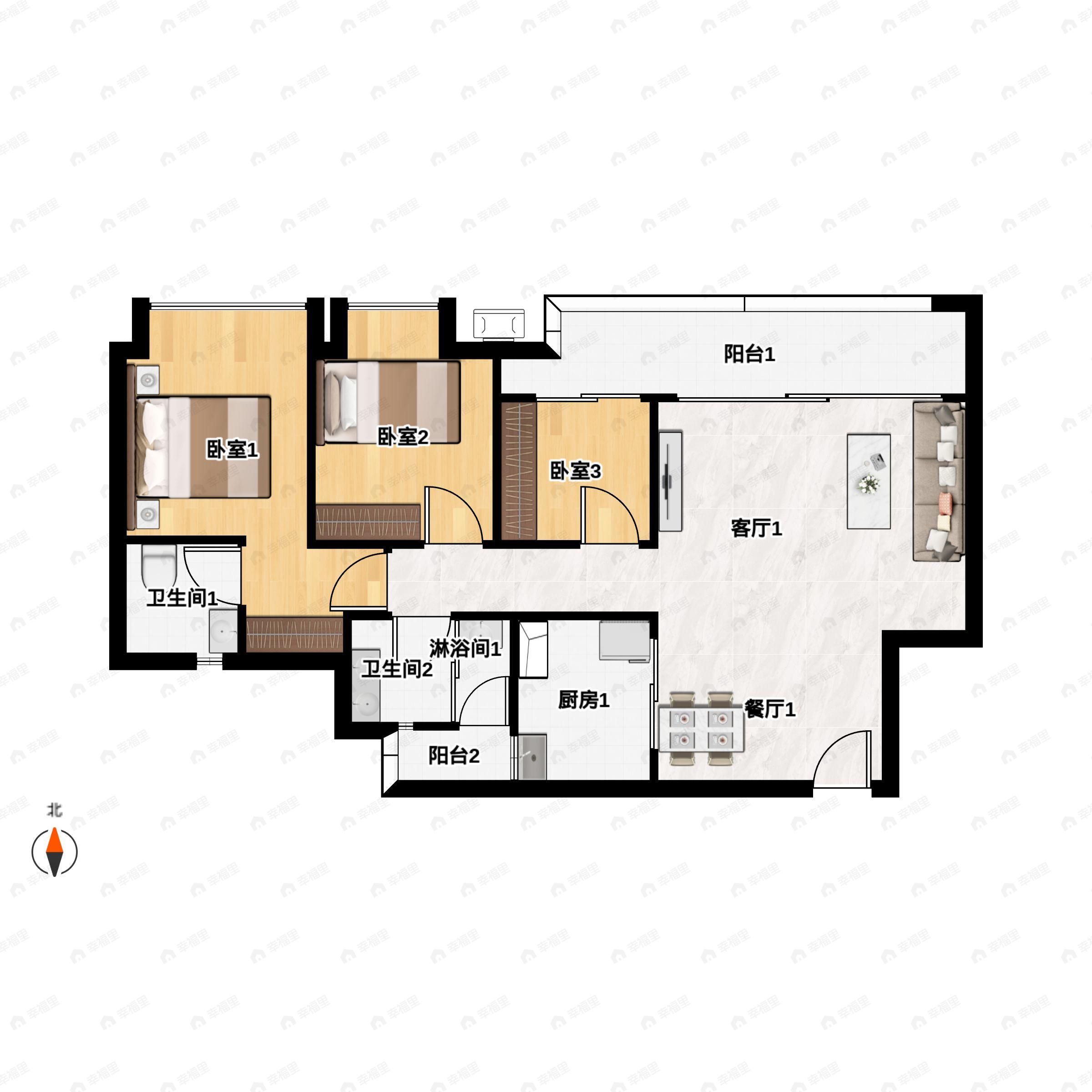 3室2厅2卫建面93m²北|西|东|南户型图