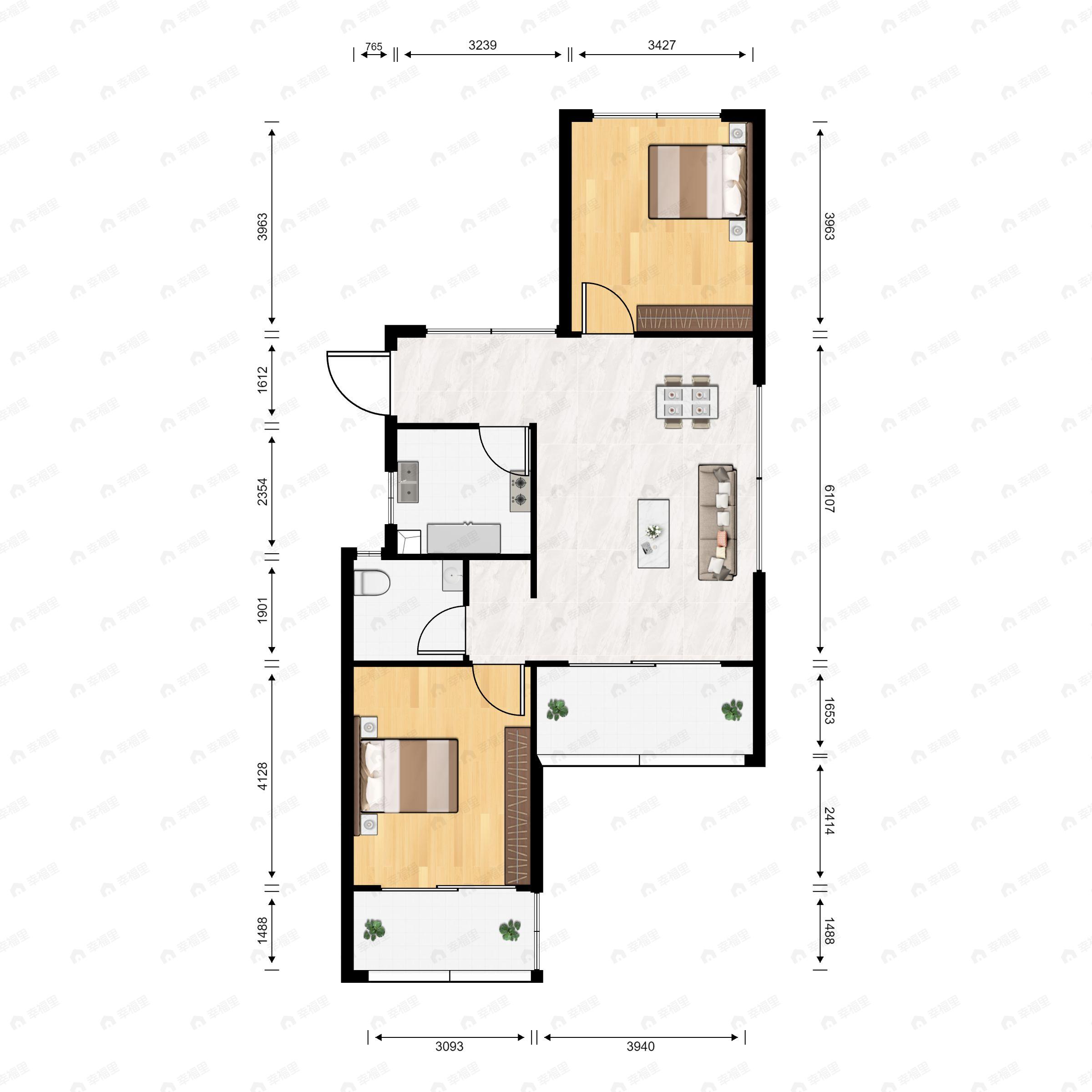 2室2厅1卫建面72平南户型图