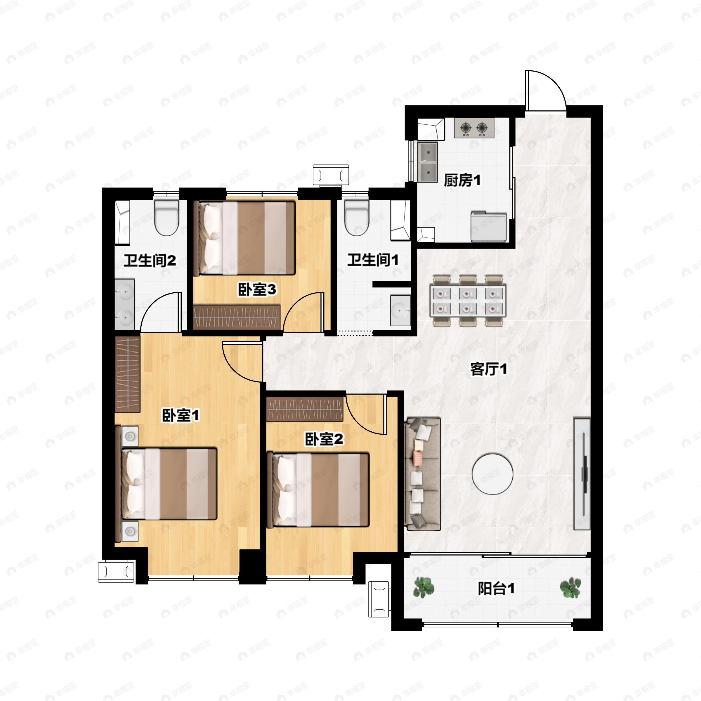 3室2厅2卫建面116平北|南户型图