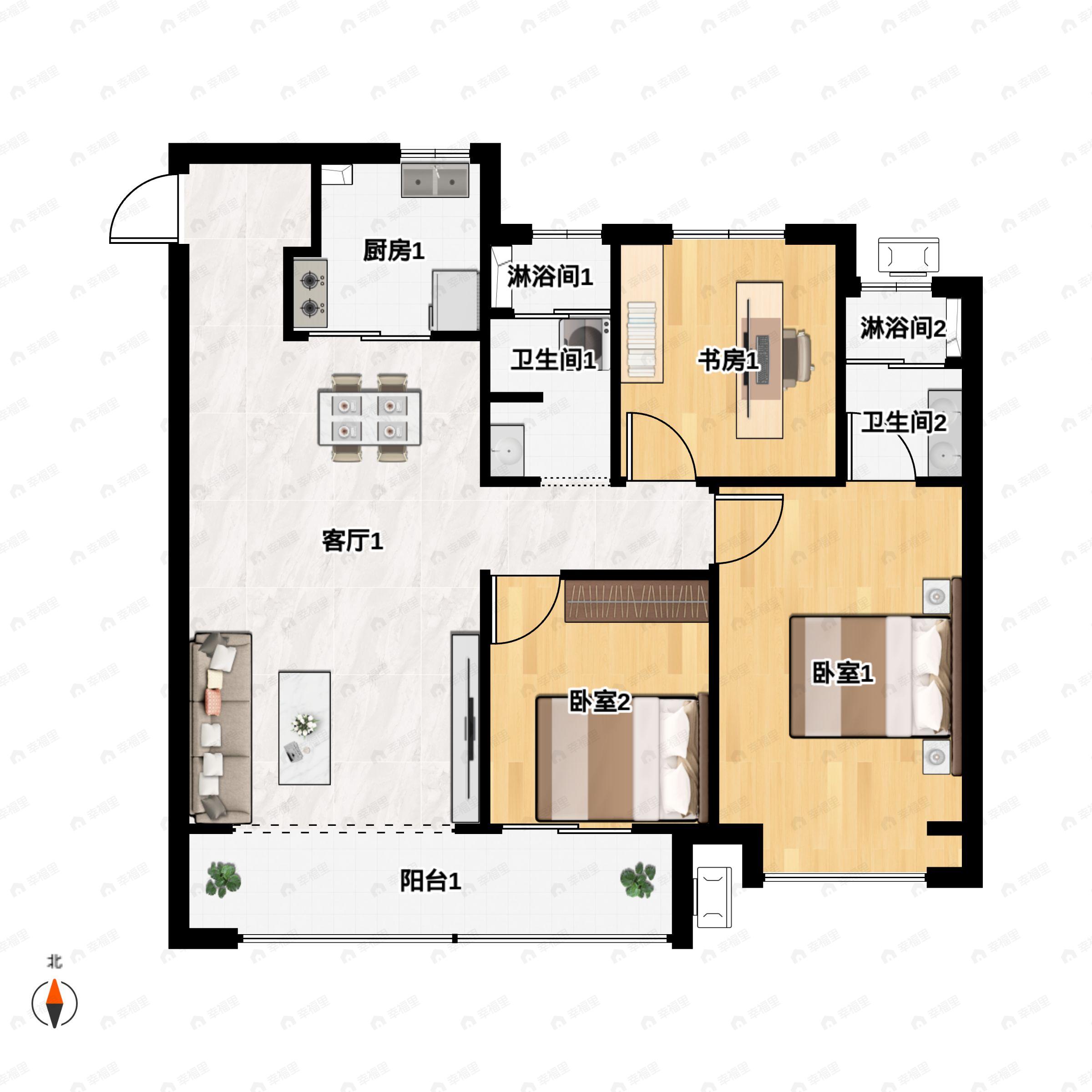 3室2厅2卫建面119平北|南户型图