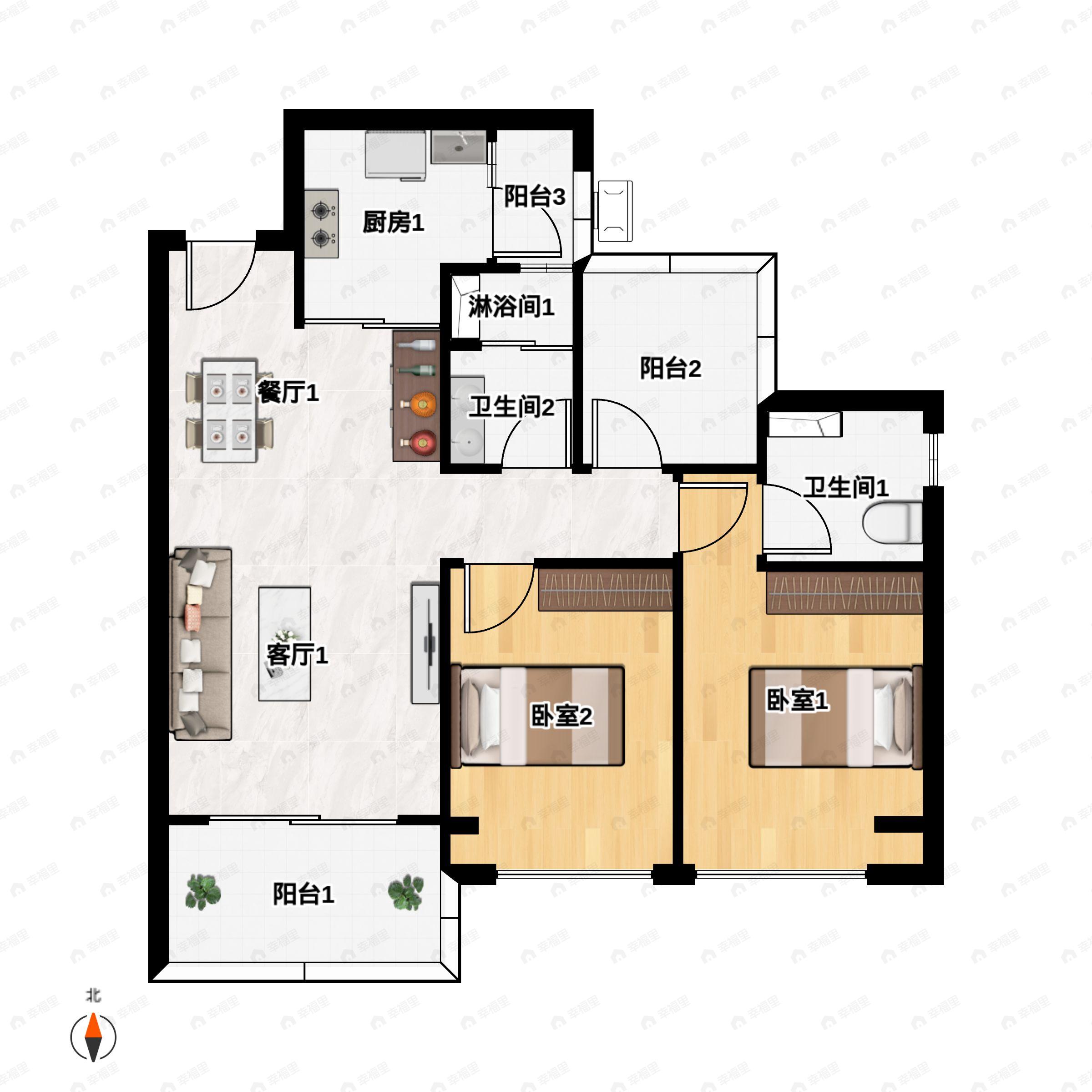 3室2厅2卫建面92平南户型图