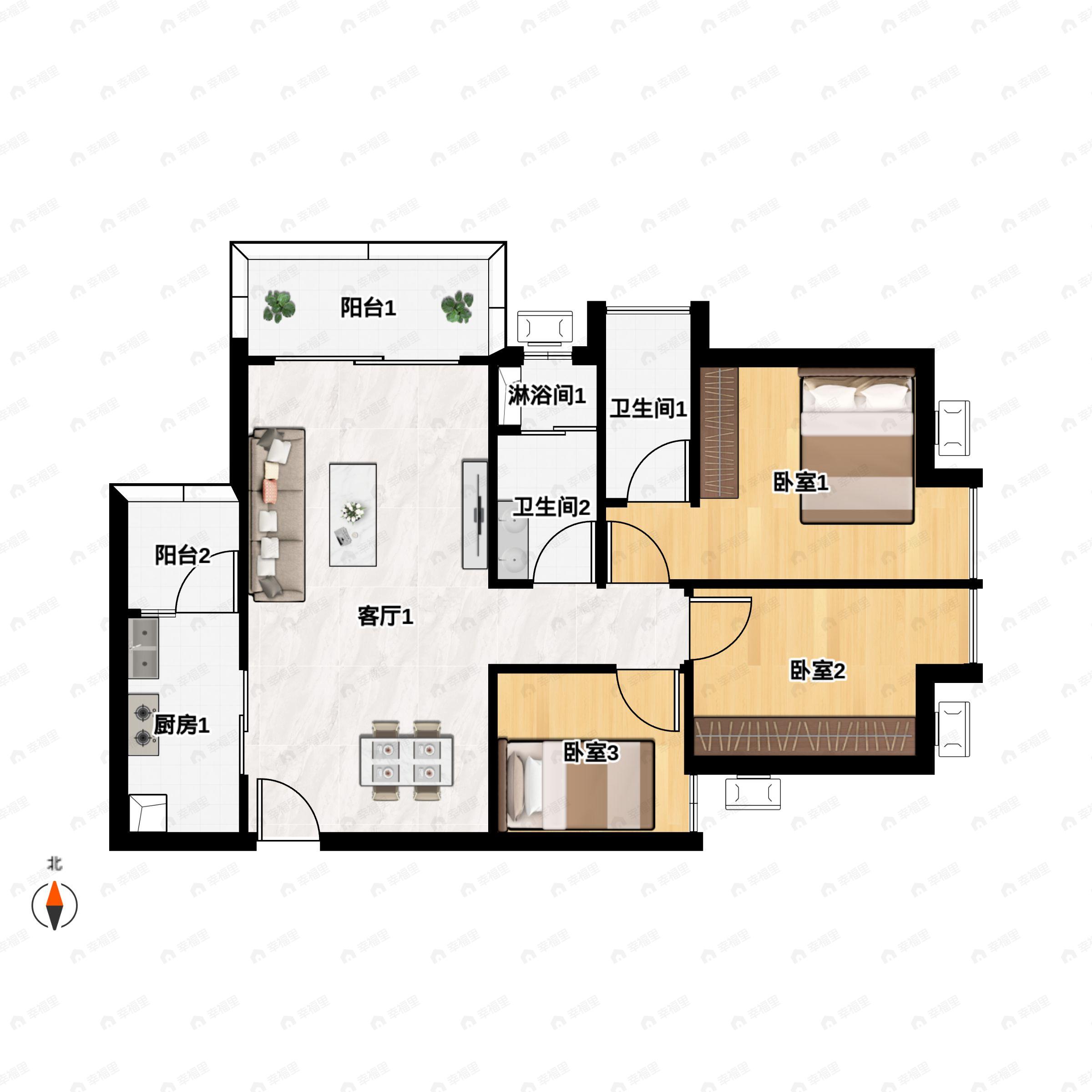 3室2厅2卫建面94平户型图