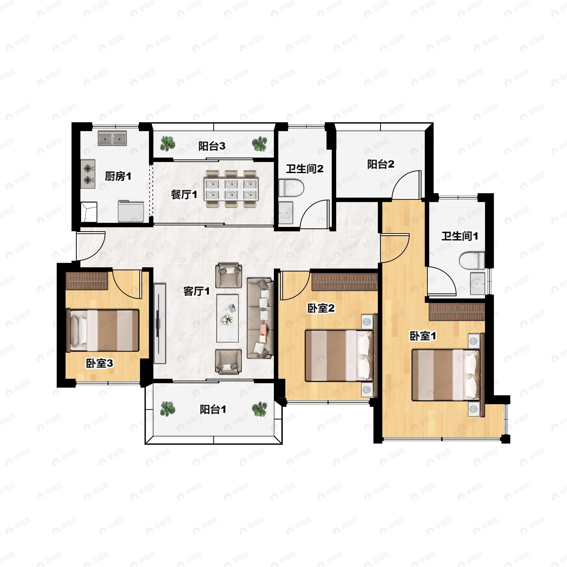 3室2厅2卫建面112平南户型图