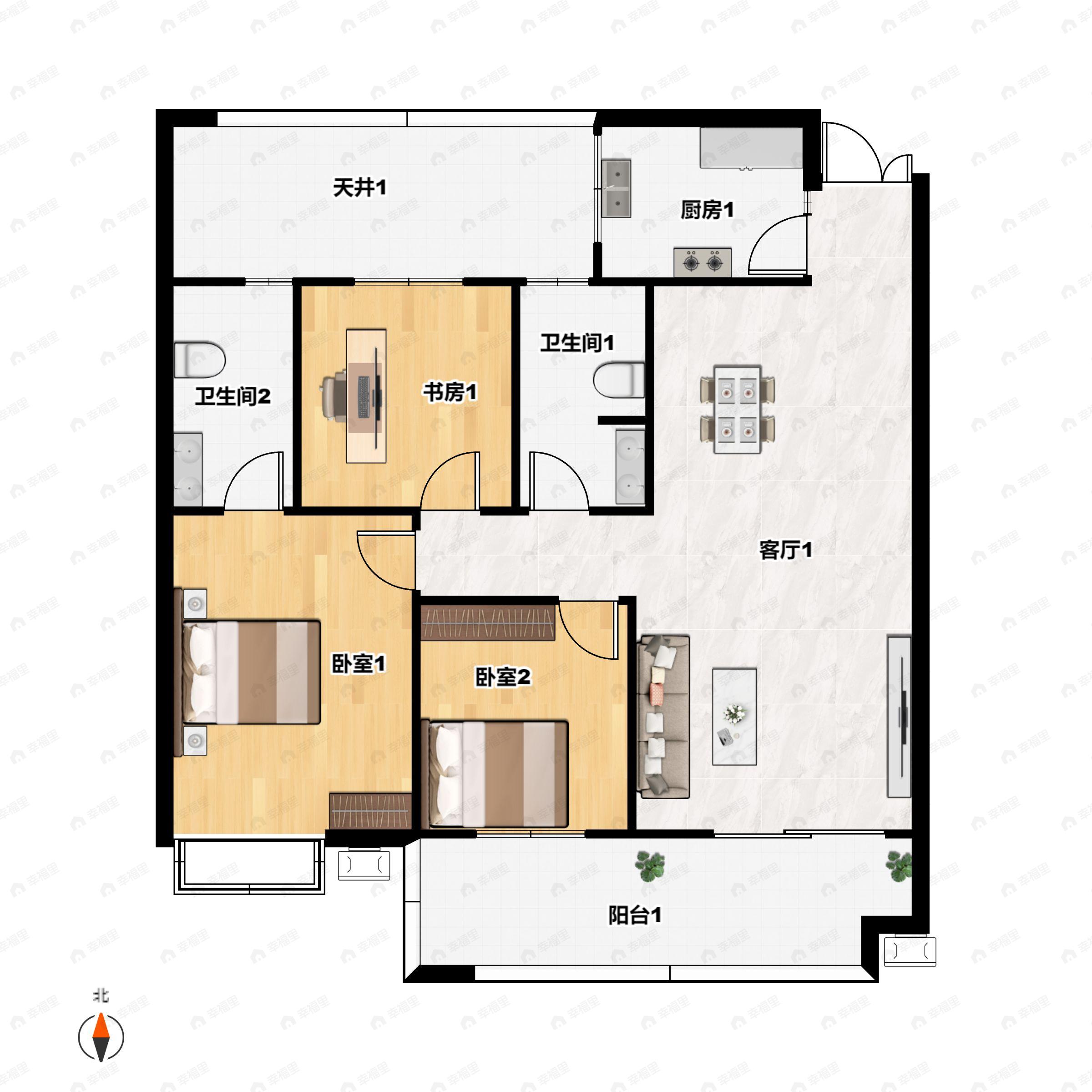 3室2厅2卫建面108平户型图