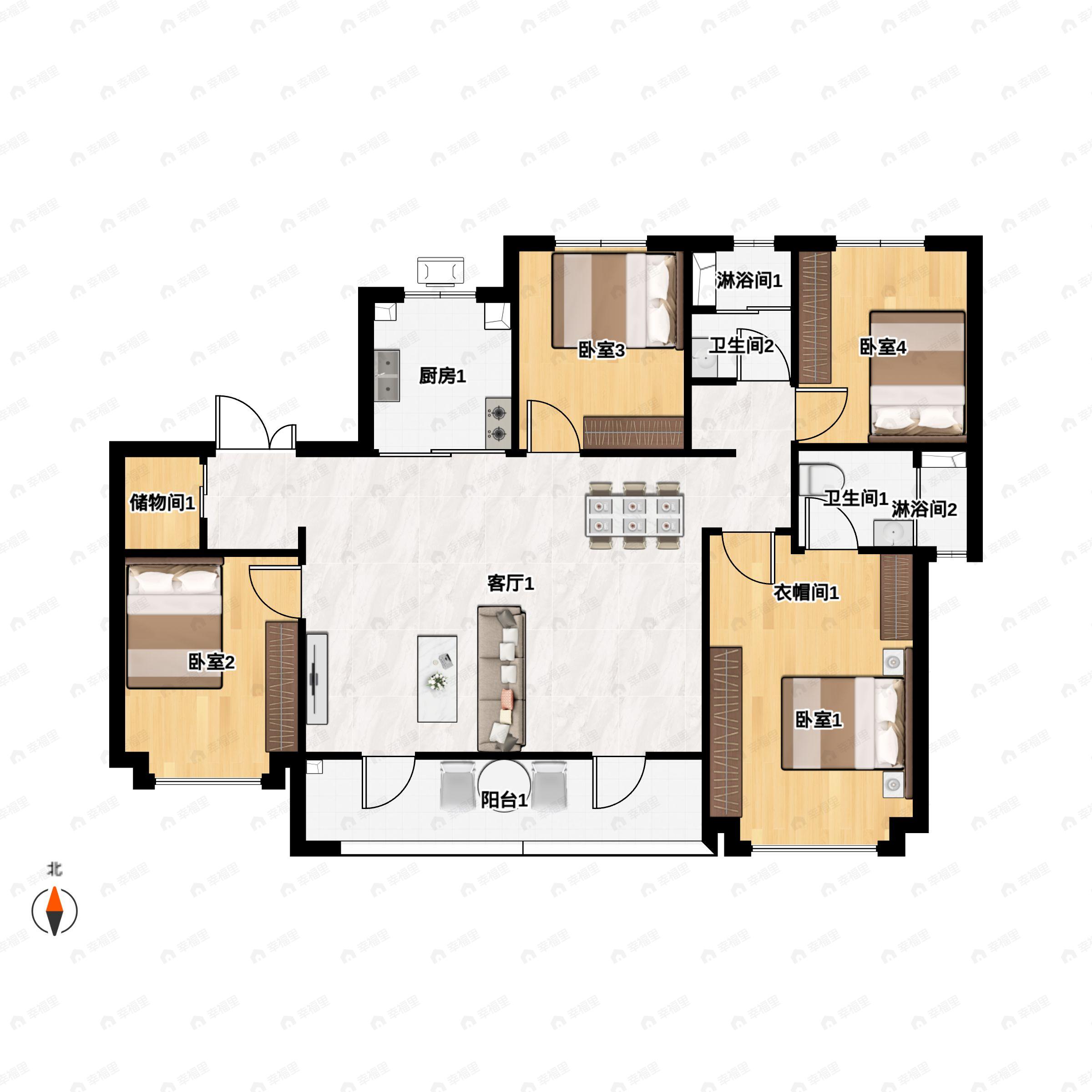 4室2厅2卫建面143m²南户型图