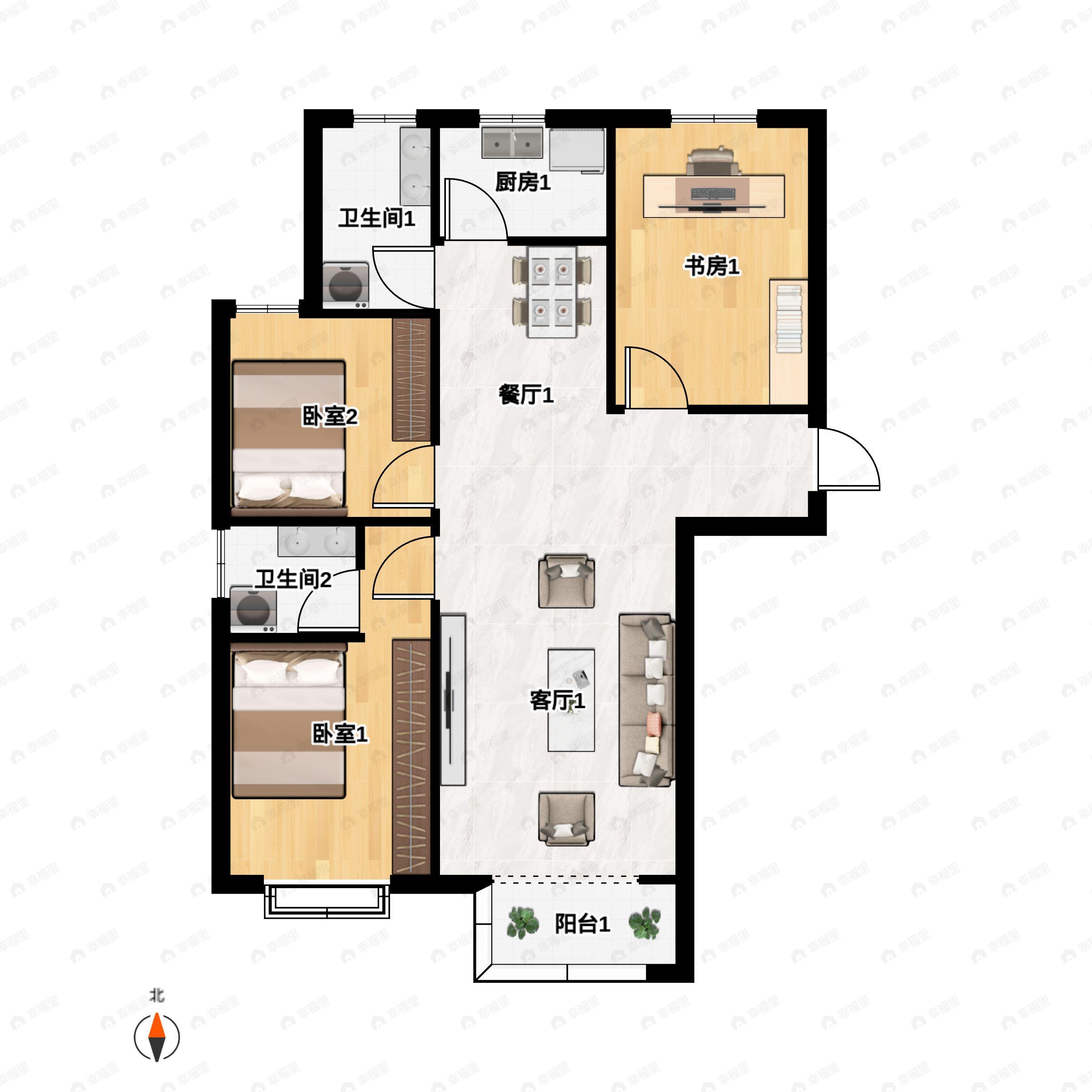 3室2厅2卫建面104平南|北户型图