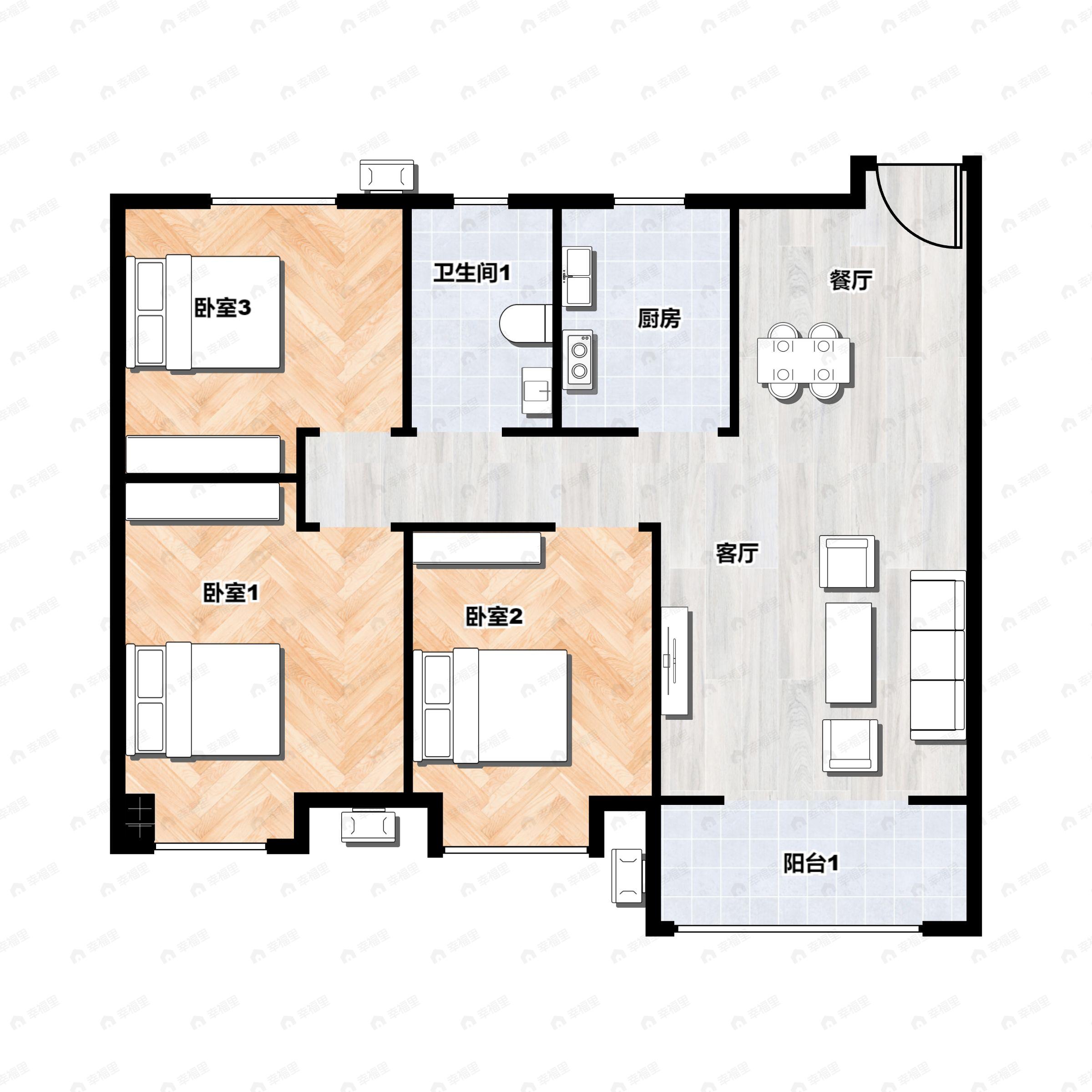 3室2厅1卫建面95平北|南户型图