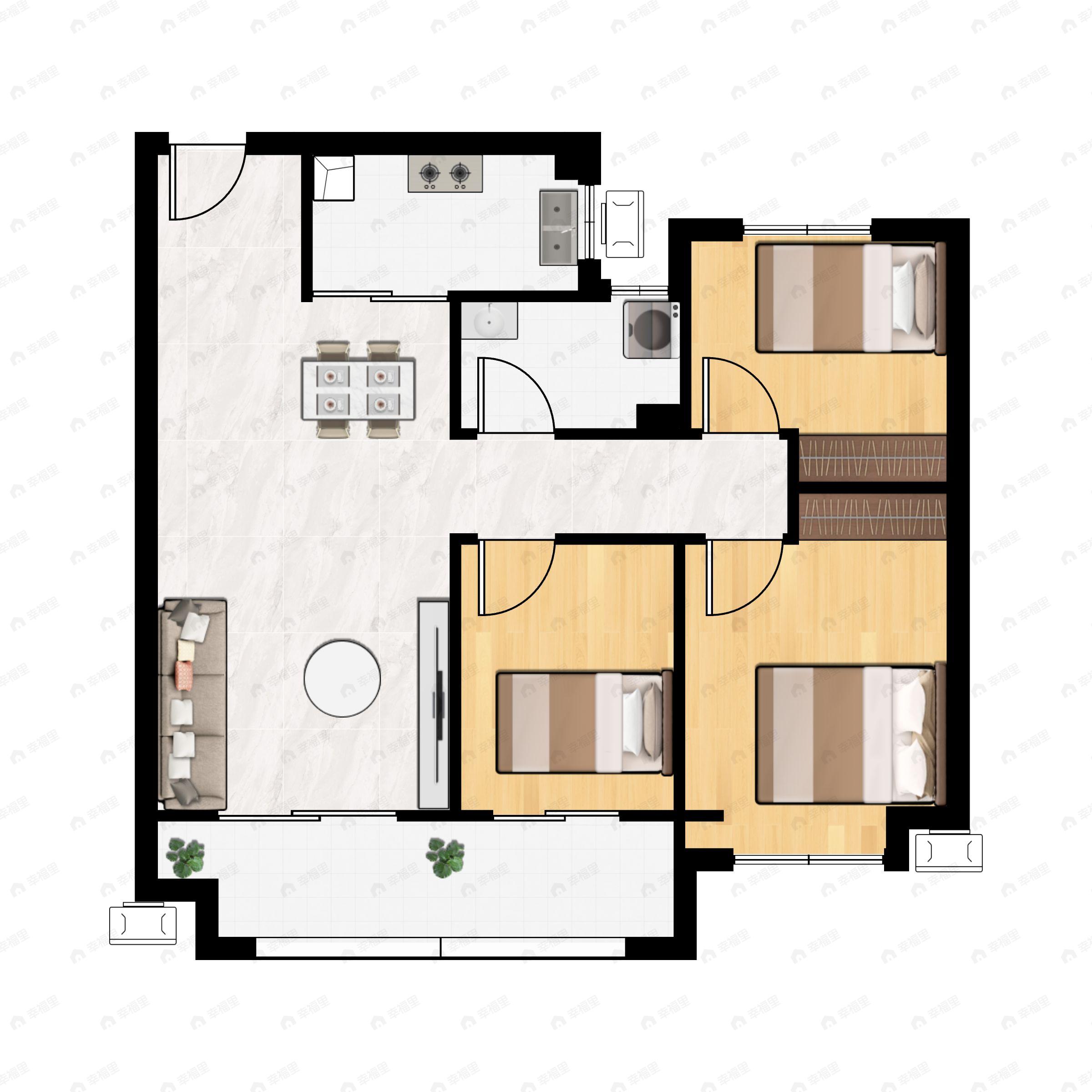 3室2厅1卫建面95平南户型图