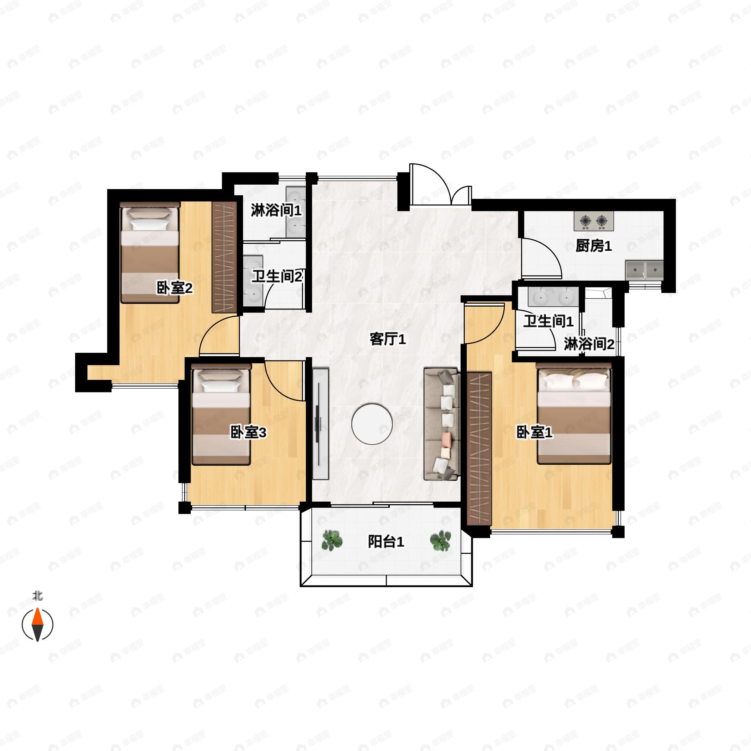 3室2厅2卫建面107m²南|北户型图