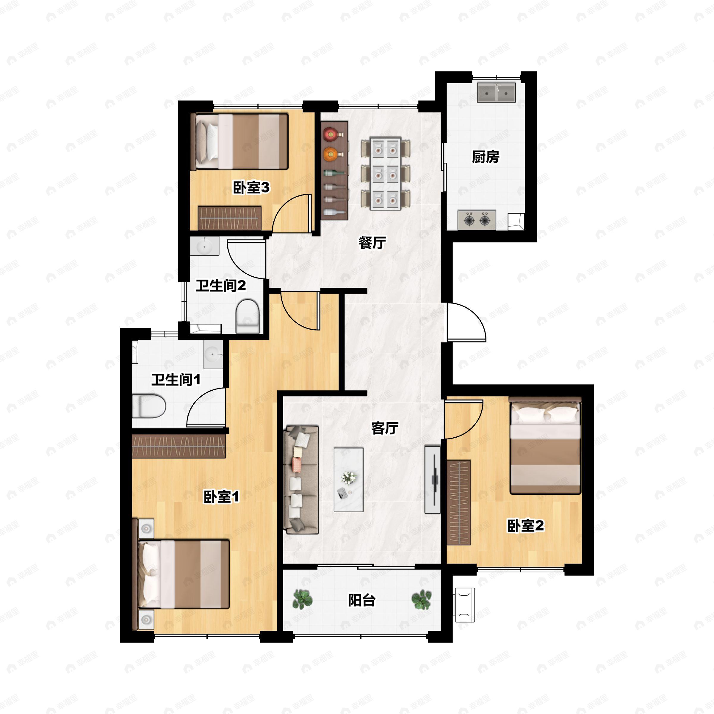 3室2厅2卫建面100平南户型图
