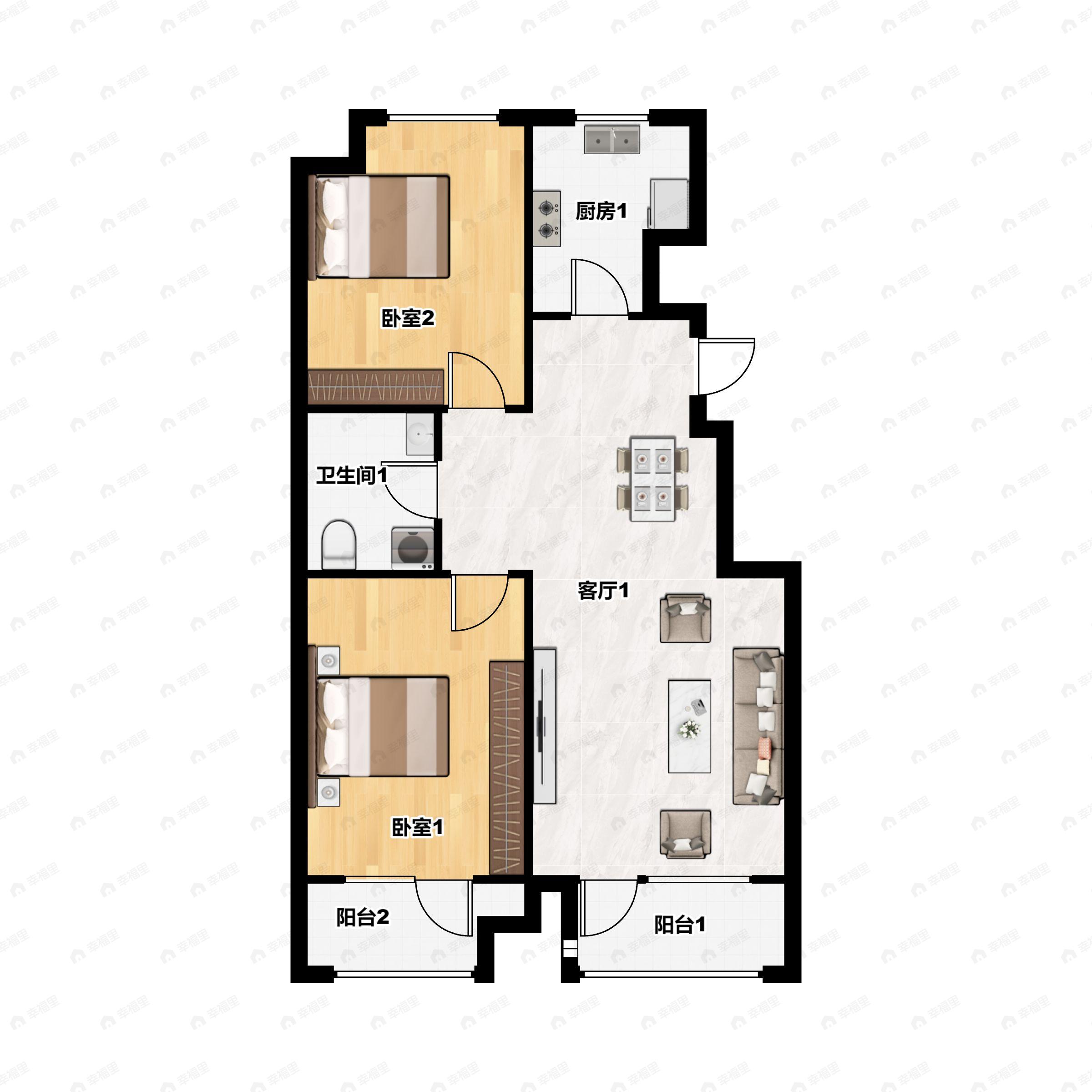 2室2厅1卫建面84m²南户型图