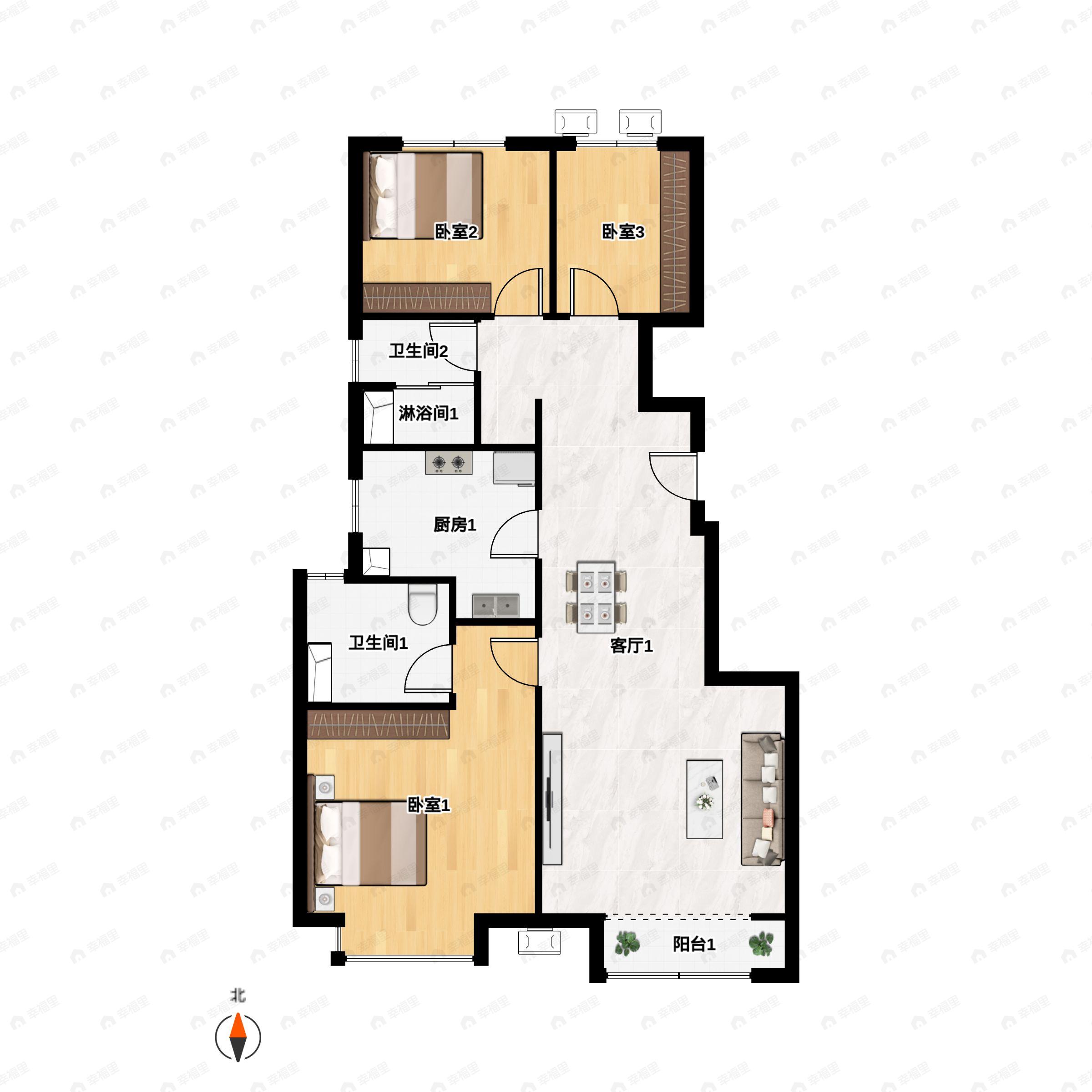 3室2厅2卫建面89平户型图