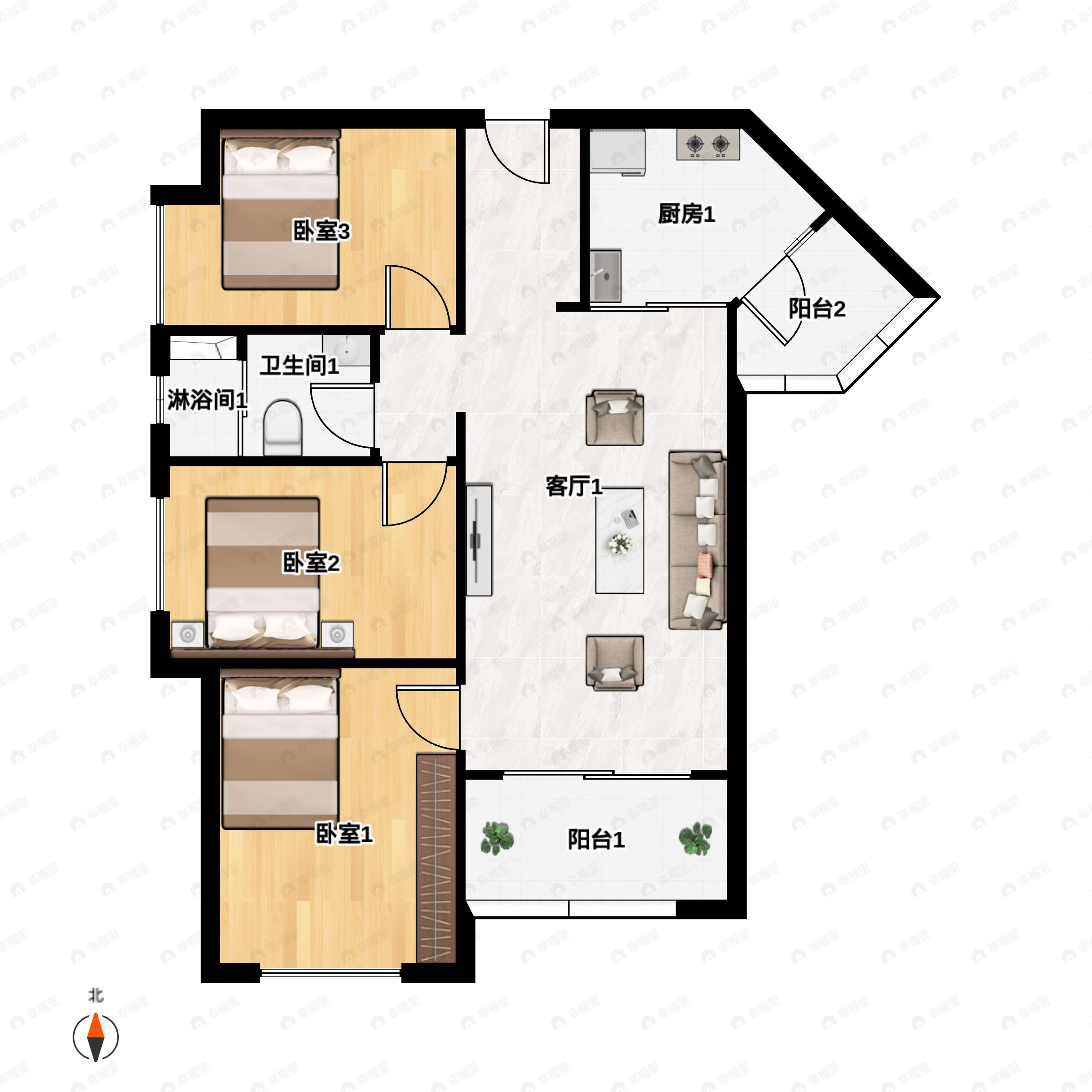 美林湖3室2厅1卫户型图