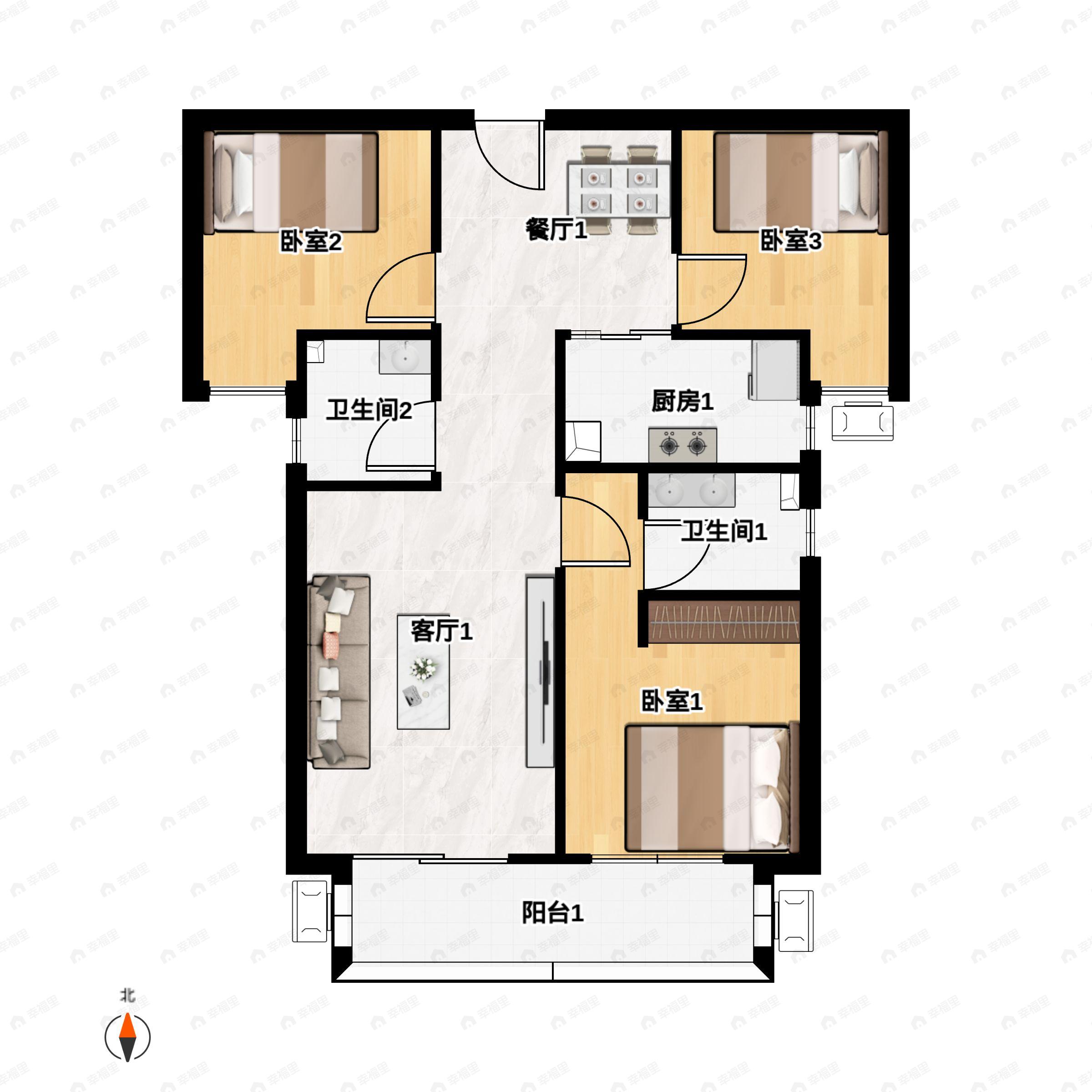 3室2厅2卫建面102平户型图