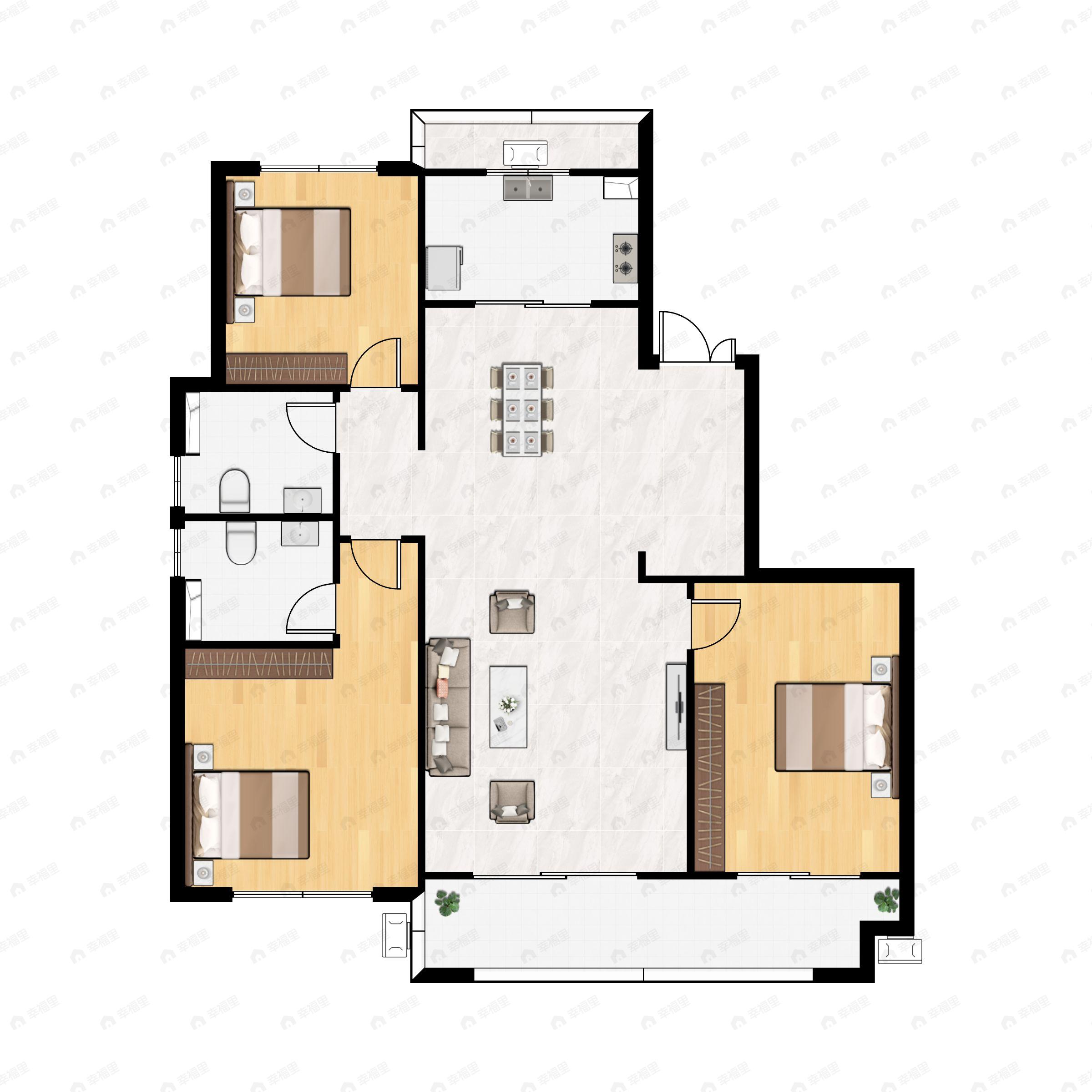 3室2厅2卫建面132m²南户型图