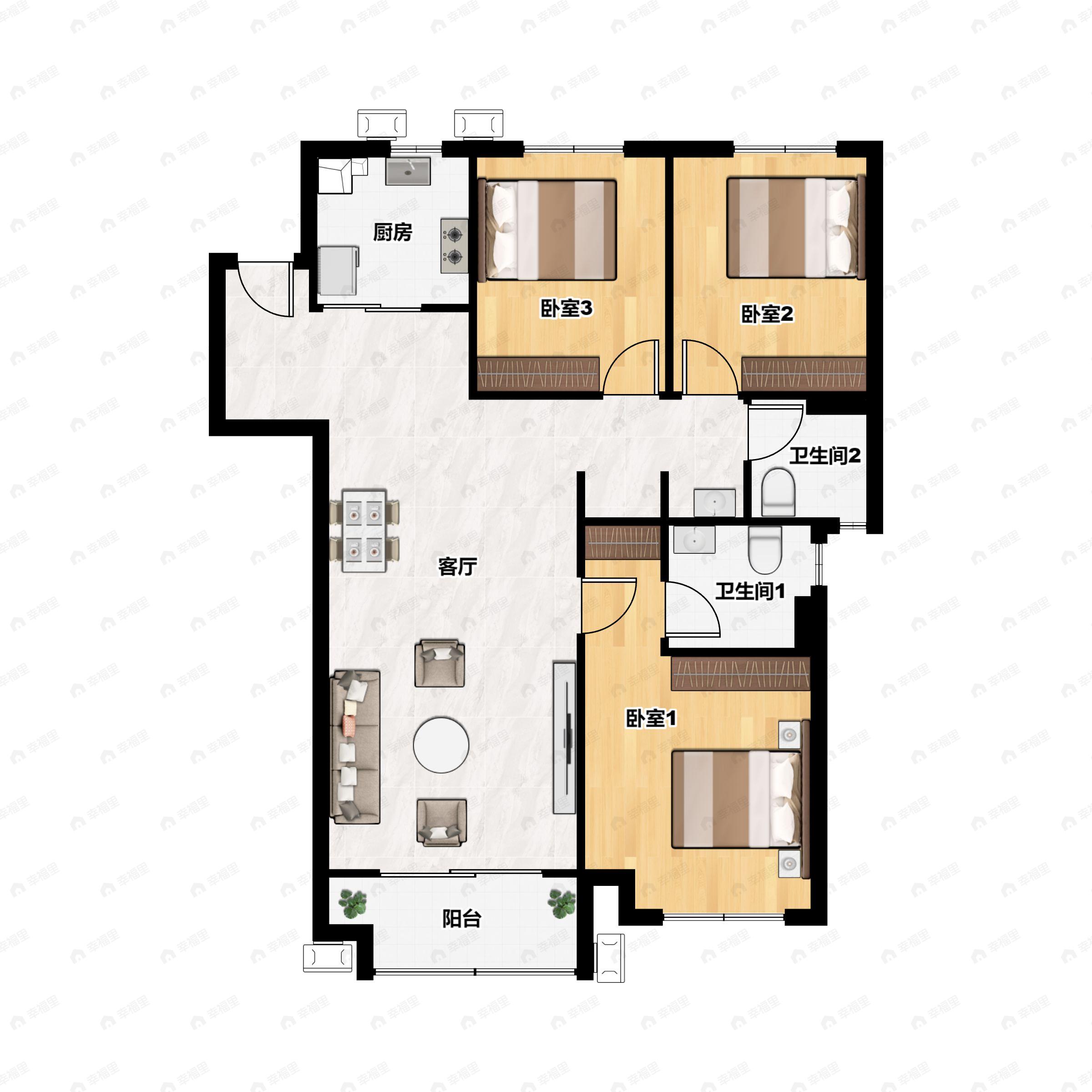 3室2厅2卫建面103平户型图