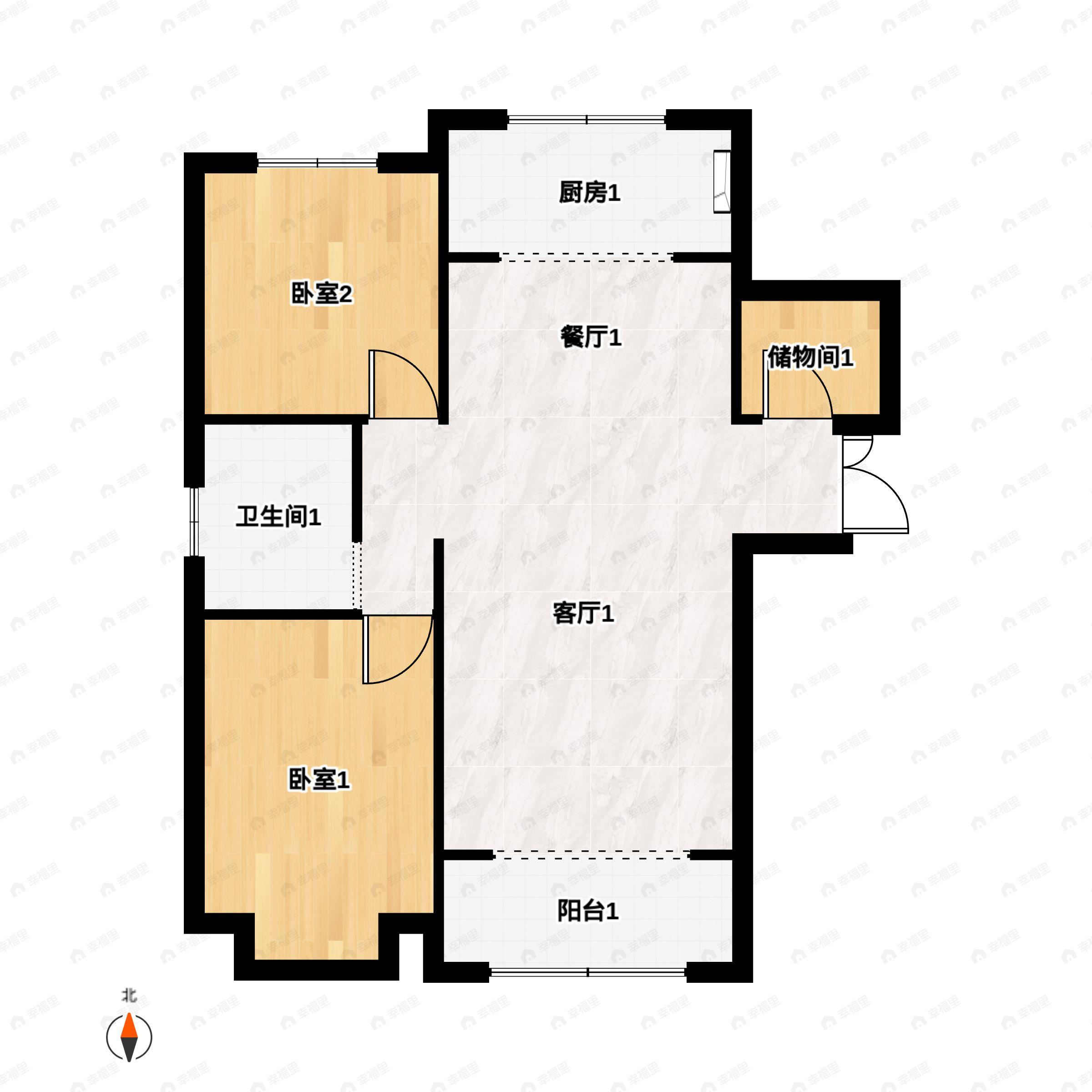 2室2厅1卫建面111m²南|北户型图