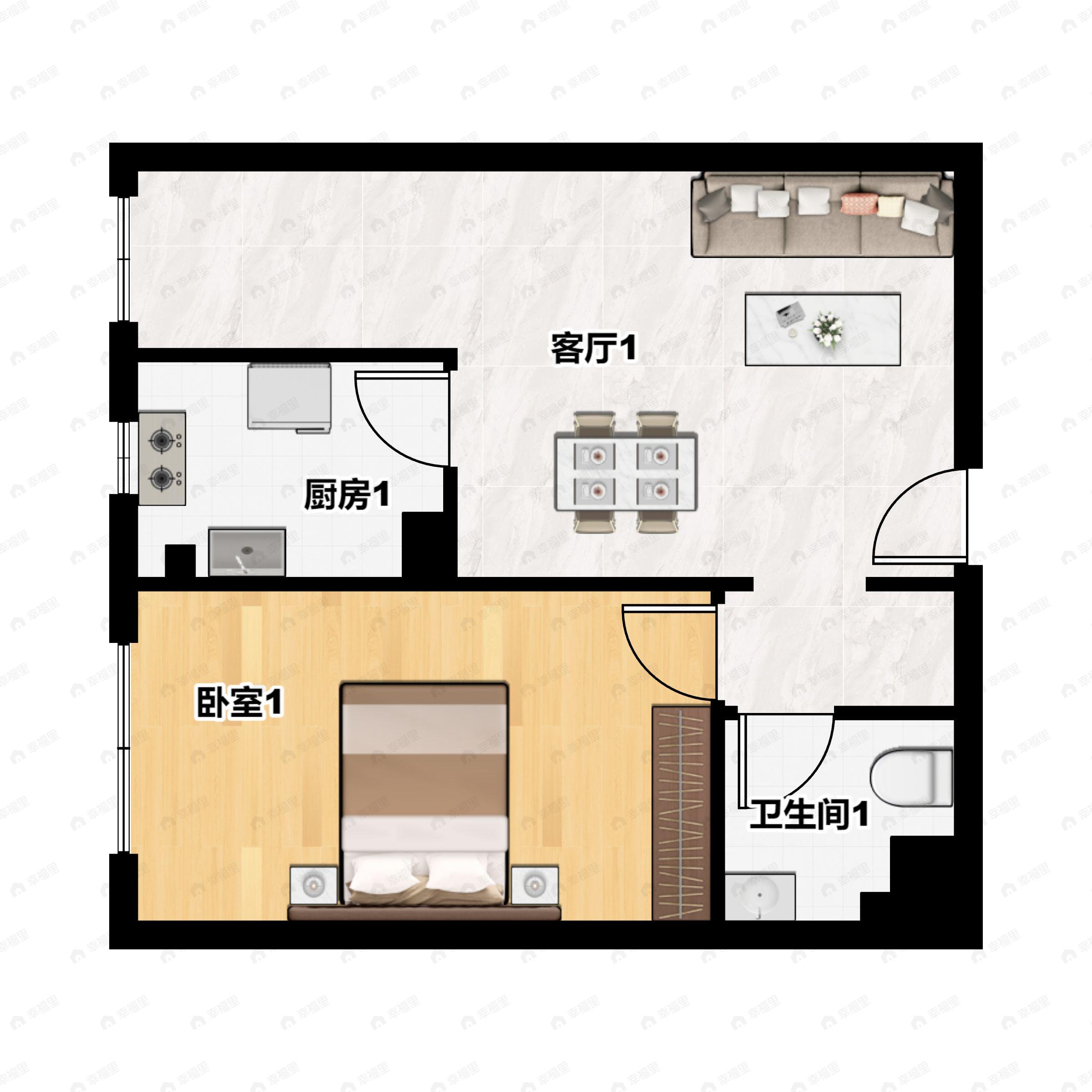 1室1厅1卫建面59m²西户型图
