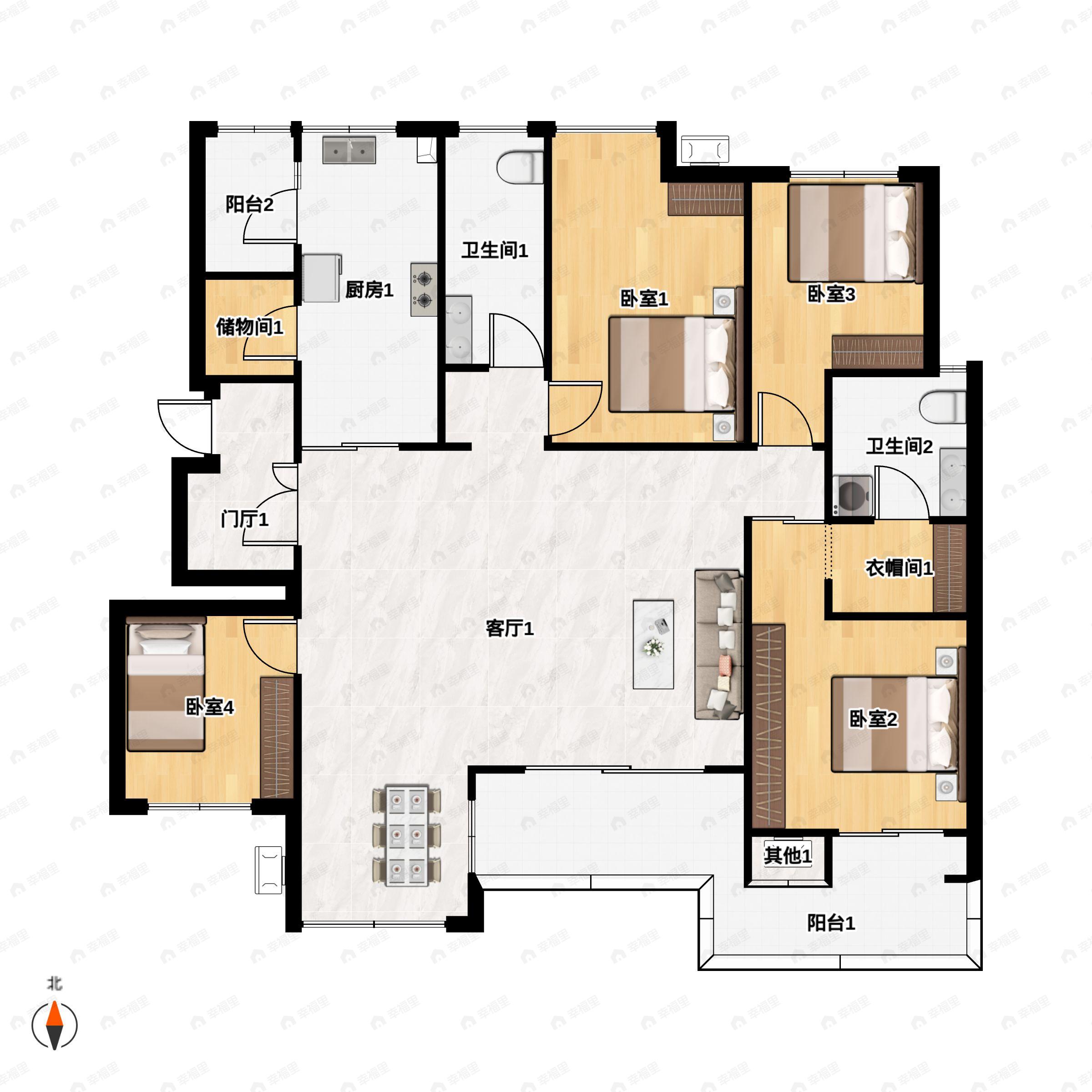 2室3厅2卫建面158平户型图