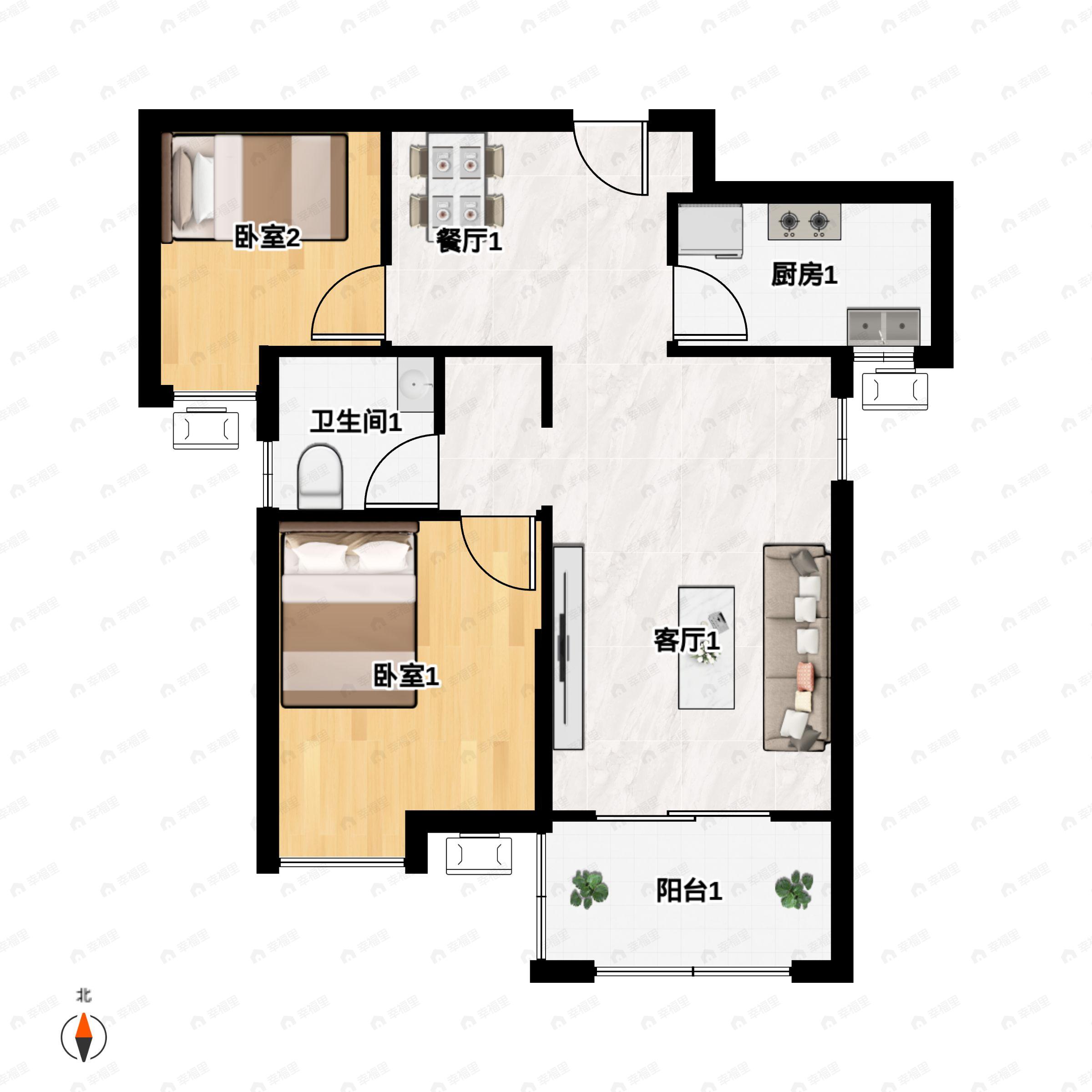 2室2厅1卫建面88m²户型图
