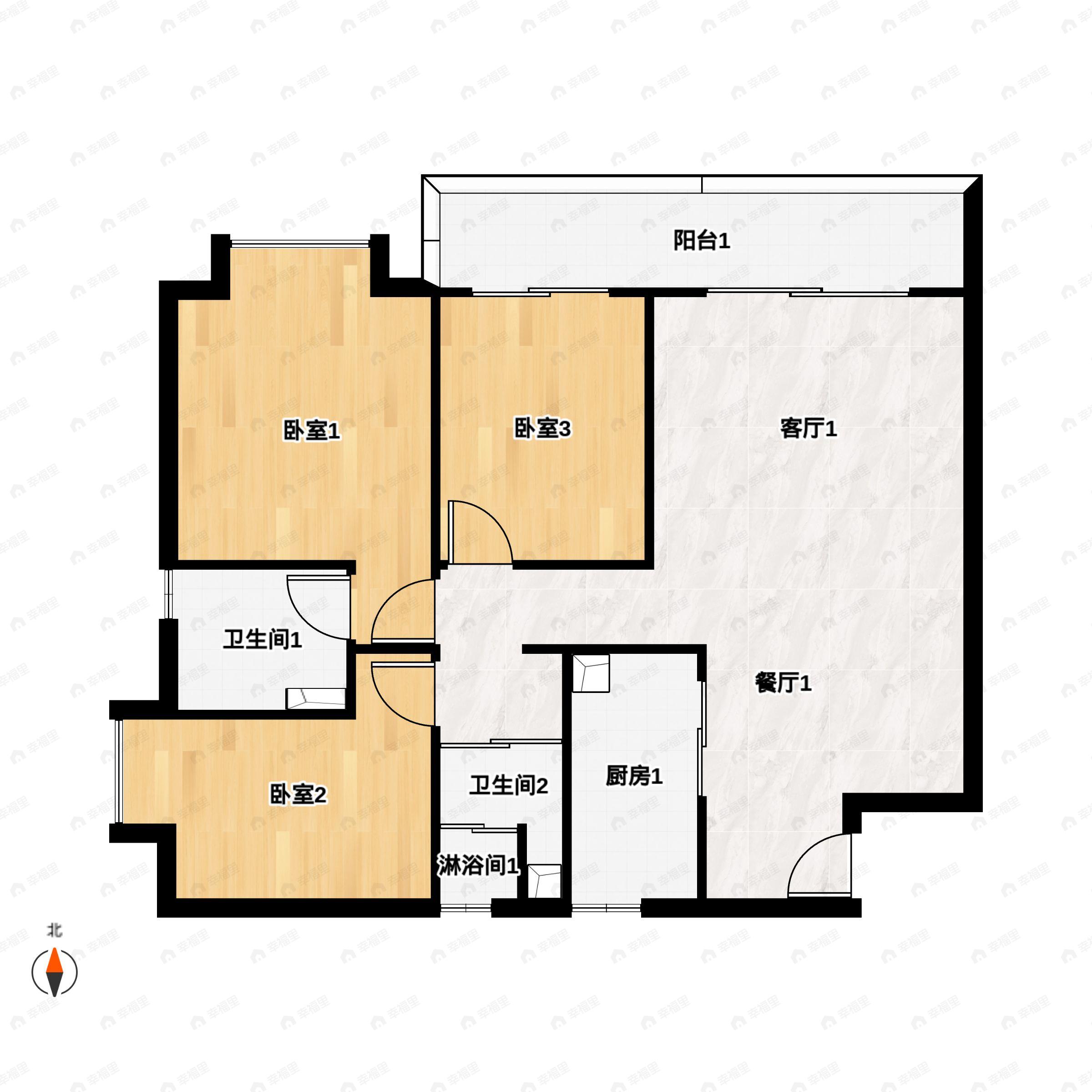 3室2厅2卫建面121平南|北户型图