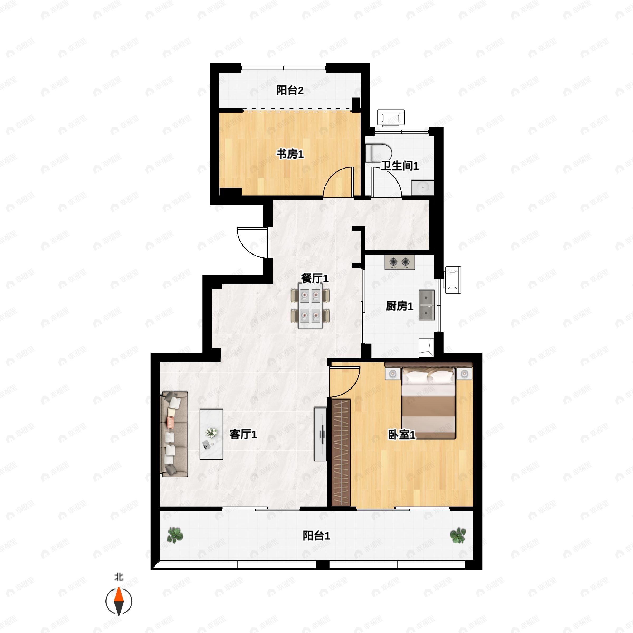 2室2厅1卫建面83m²南户型图