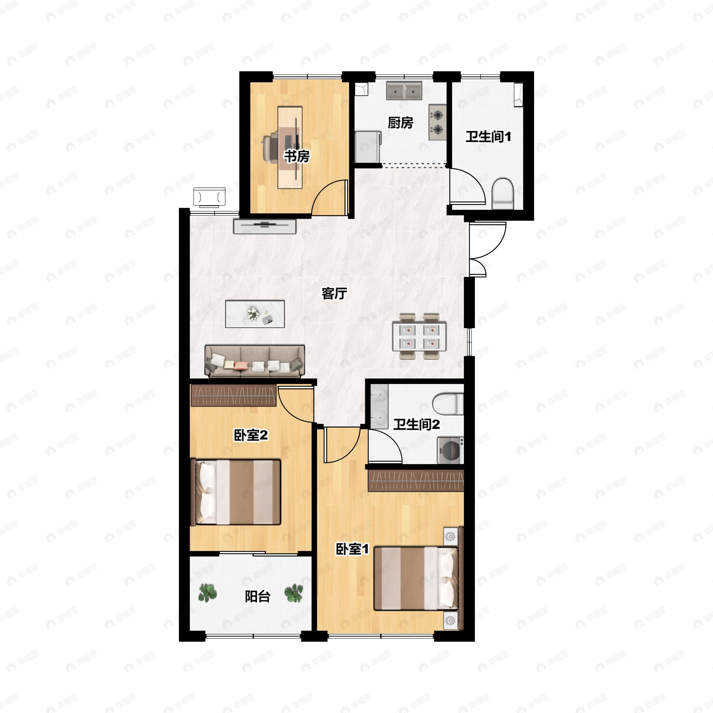 3室2厅2卫建面86平南|北户型图
