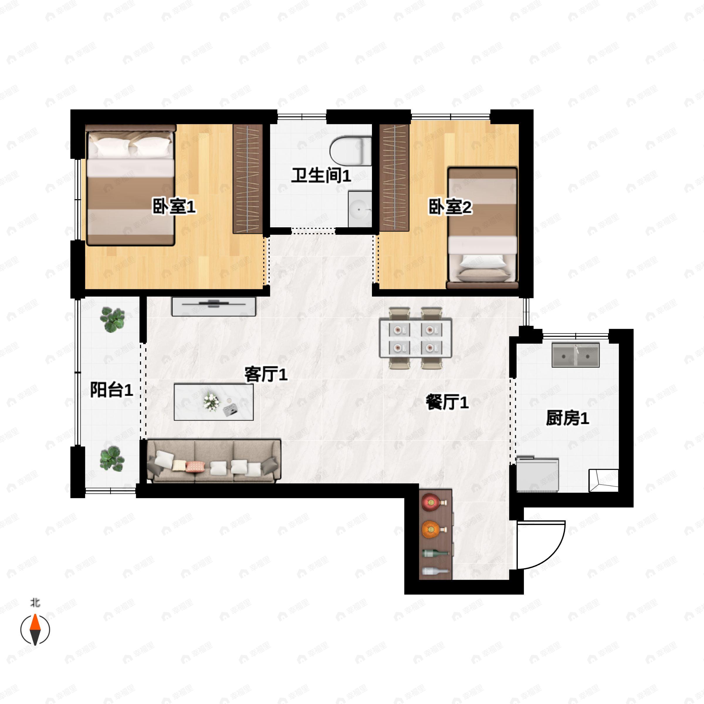 2室2厅1卫建面87m²西北户型图