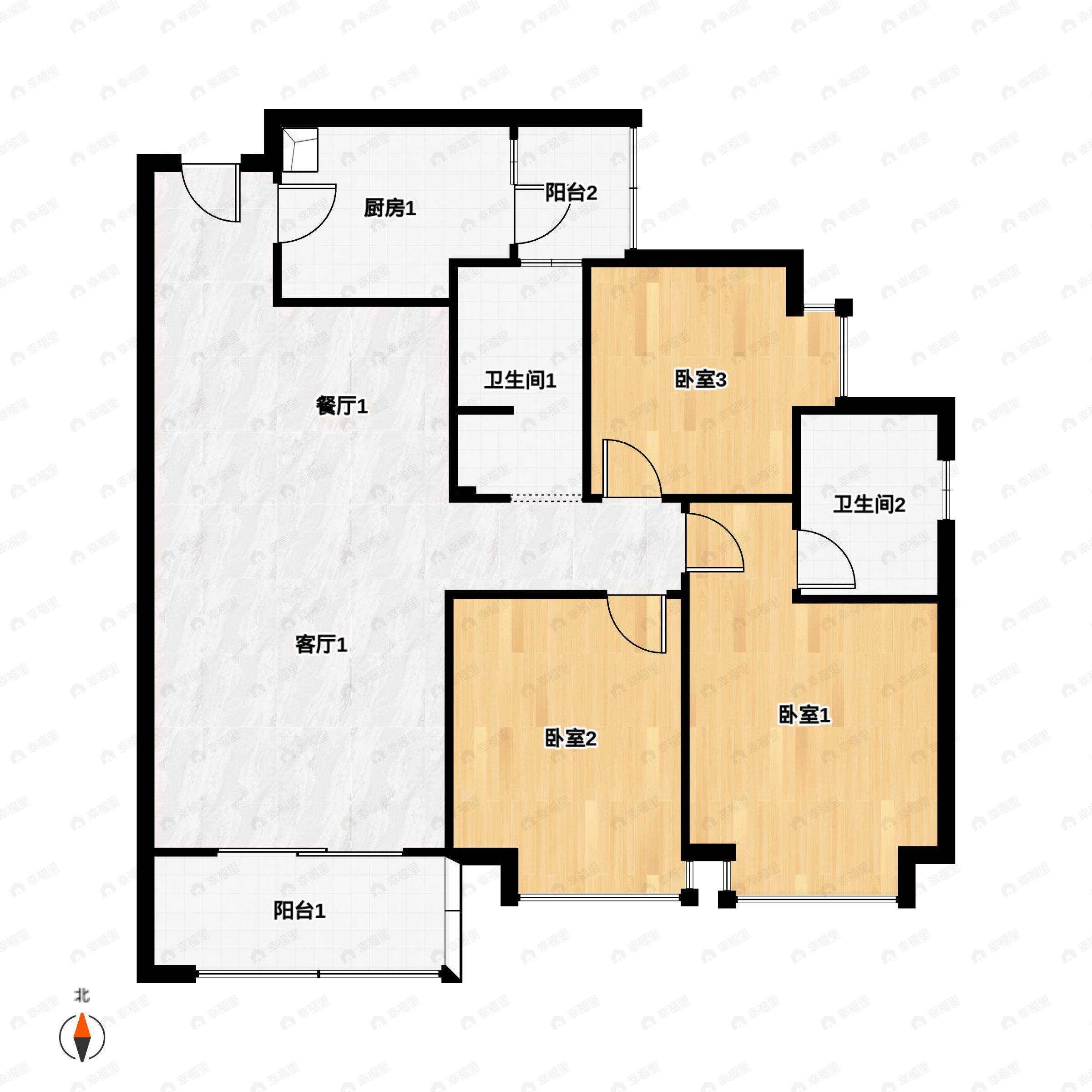 3室2厅2卫建面108平南|北户型图