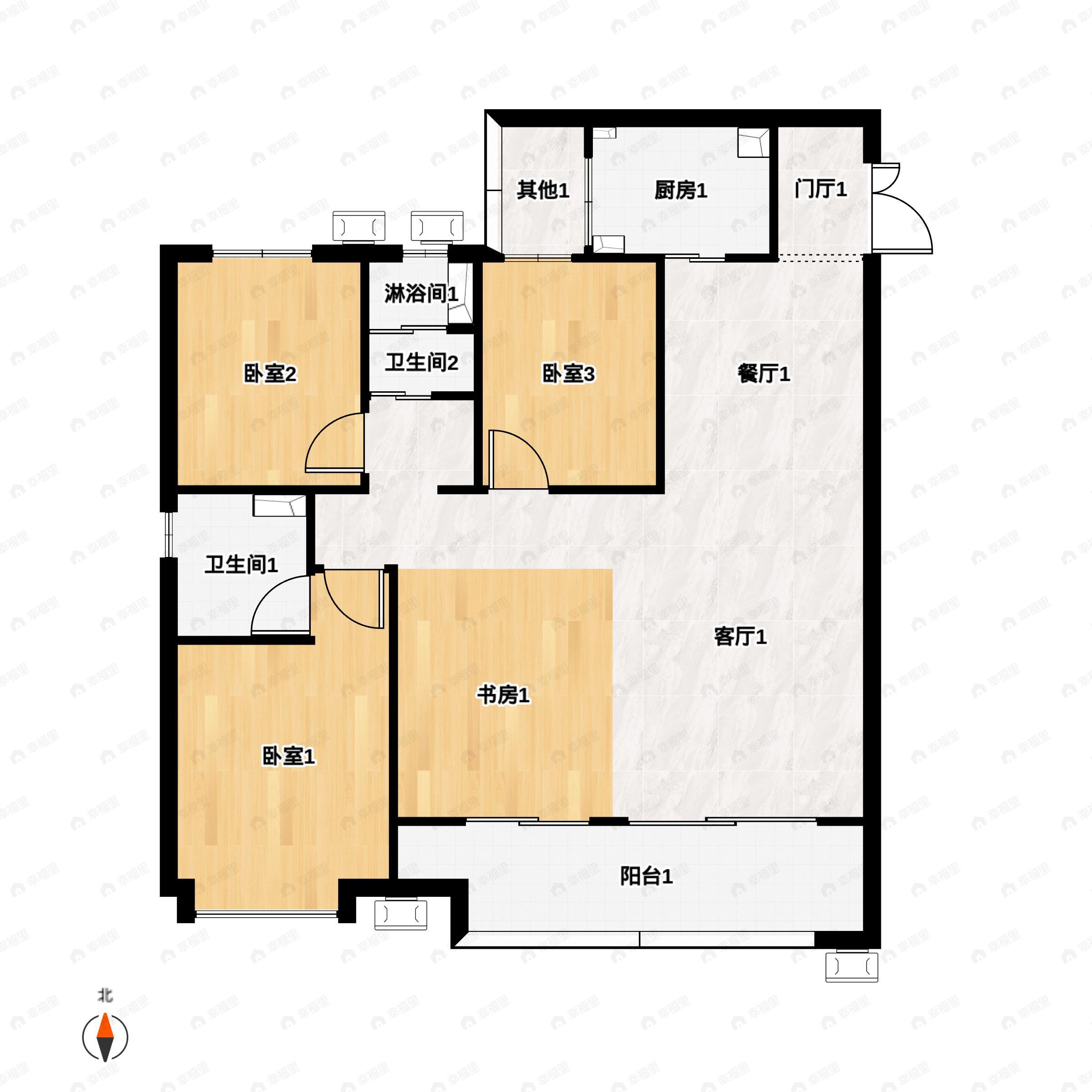 3室2厅2卫建面129m²南户型图